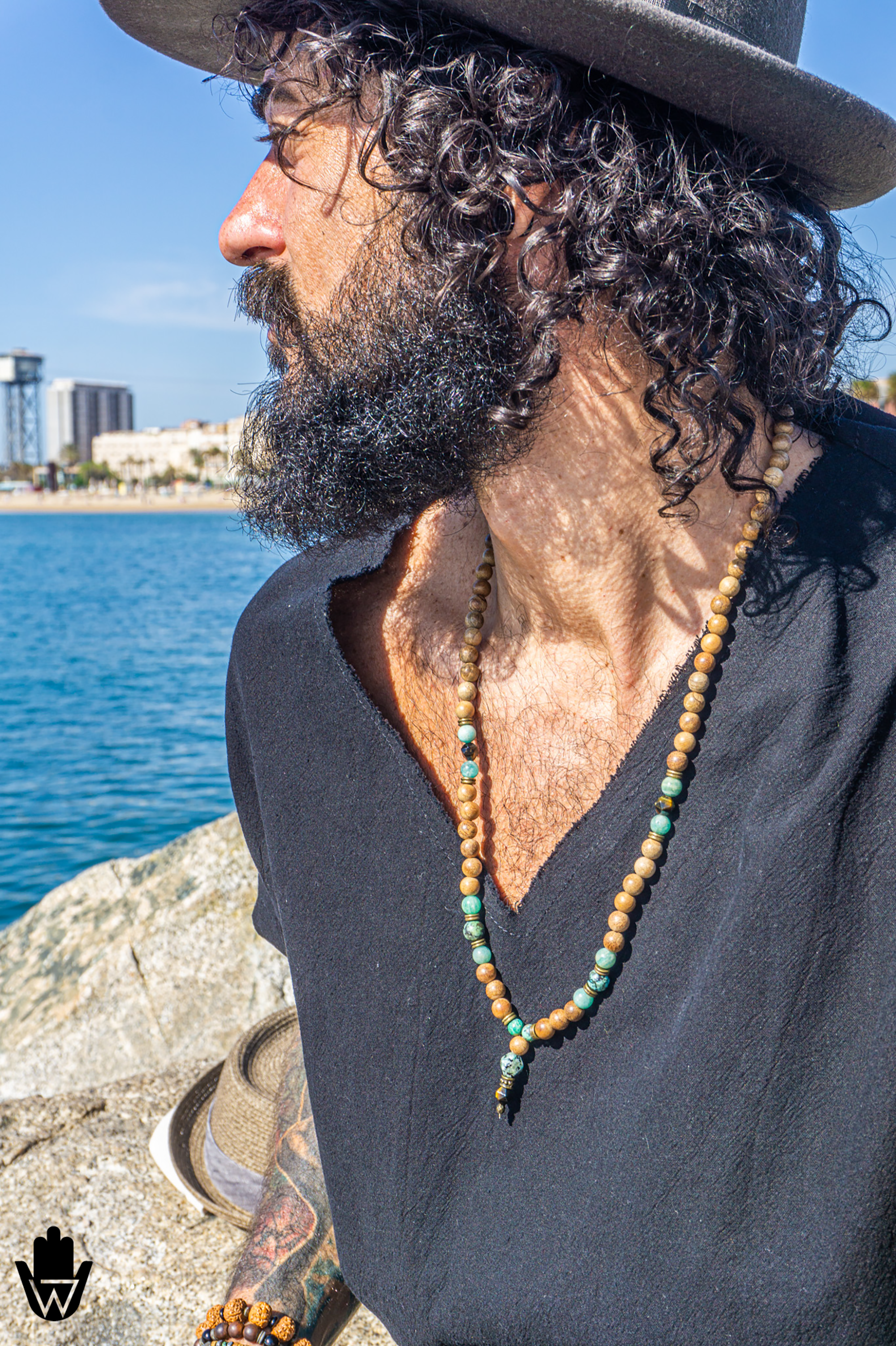 mens long necklace made of light brown camphor wood and turquoise amazonite gemstone with jasper and tiger eye pendant- wander jewellery