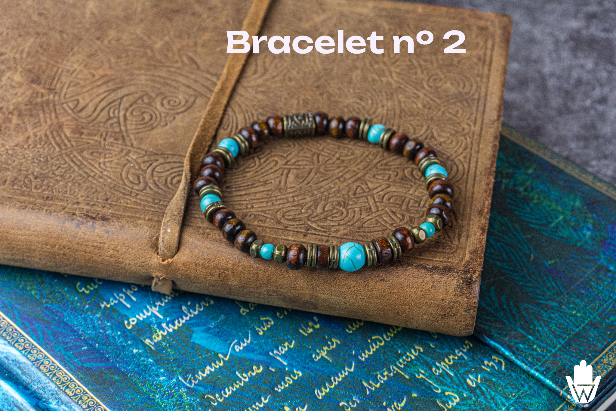 bracelet made of wooden beads, turquoise gemstones and brass details- wander jewellery