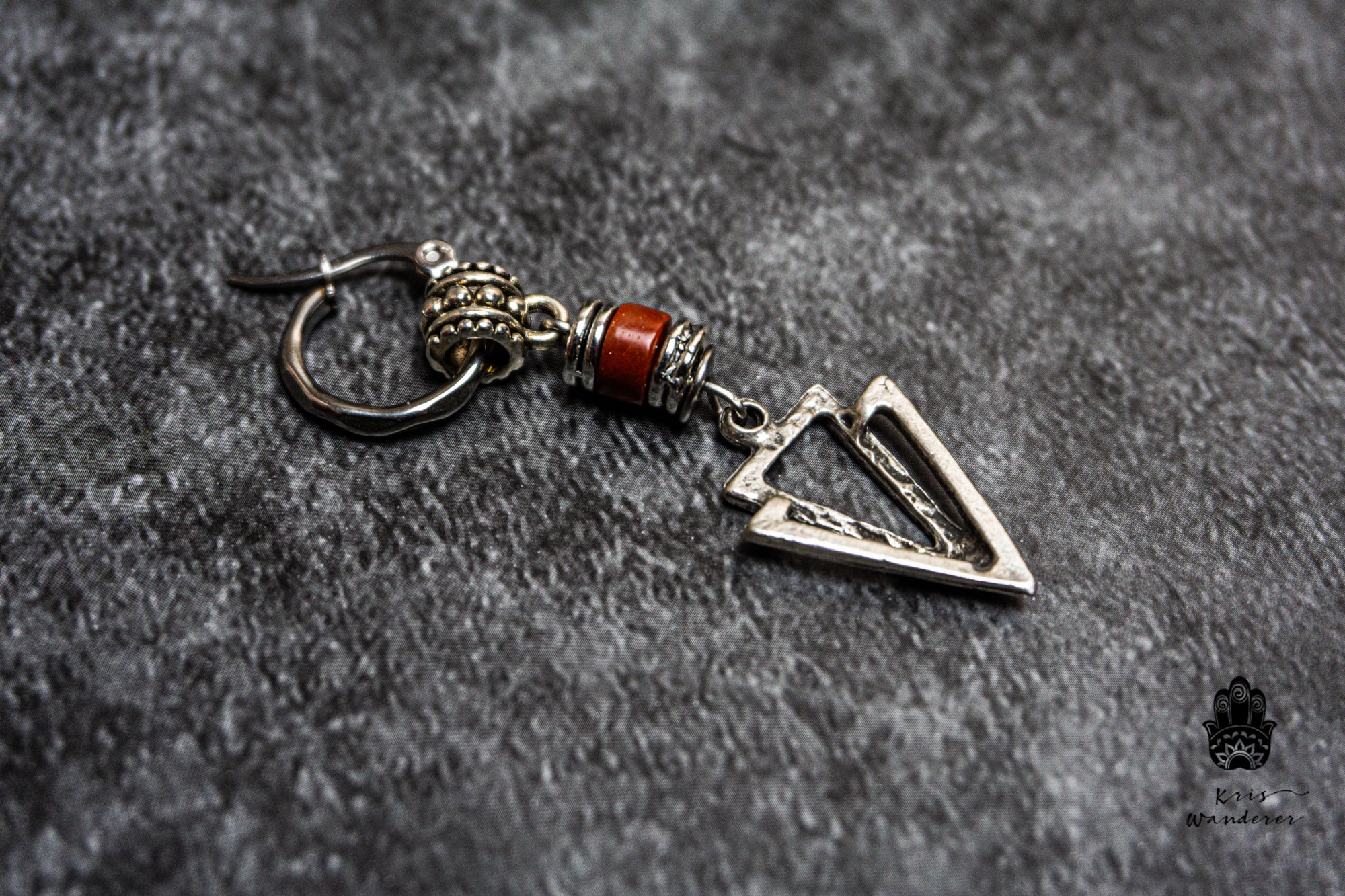 stainless steep hoop single earring with jasper gemstone and triangle dangle charm- wander jewellery