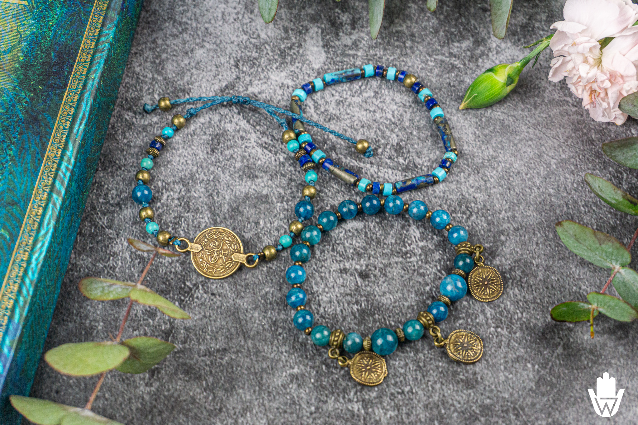 Blue Apatite , lapis lazuli and turquoise gemstone br¡eaded bracelet set of 3, with ancient gold coins and bronze details- wander jewellery