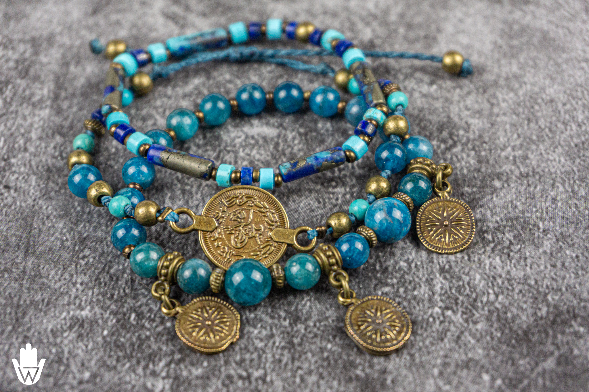 Blue Apatite , lapis lazuli and turquoise gemstone br¡eaded bracelet set of 3, with ancient gold coins - wander jewellery