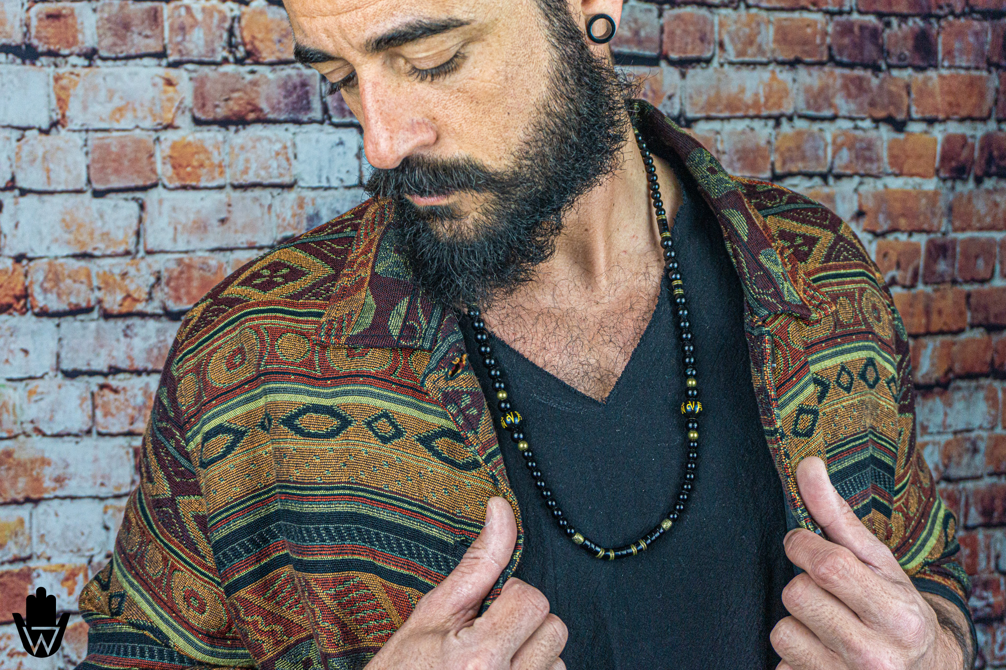mens onyx and antique bronze long elegant tibetan necklace- wander jewellery
