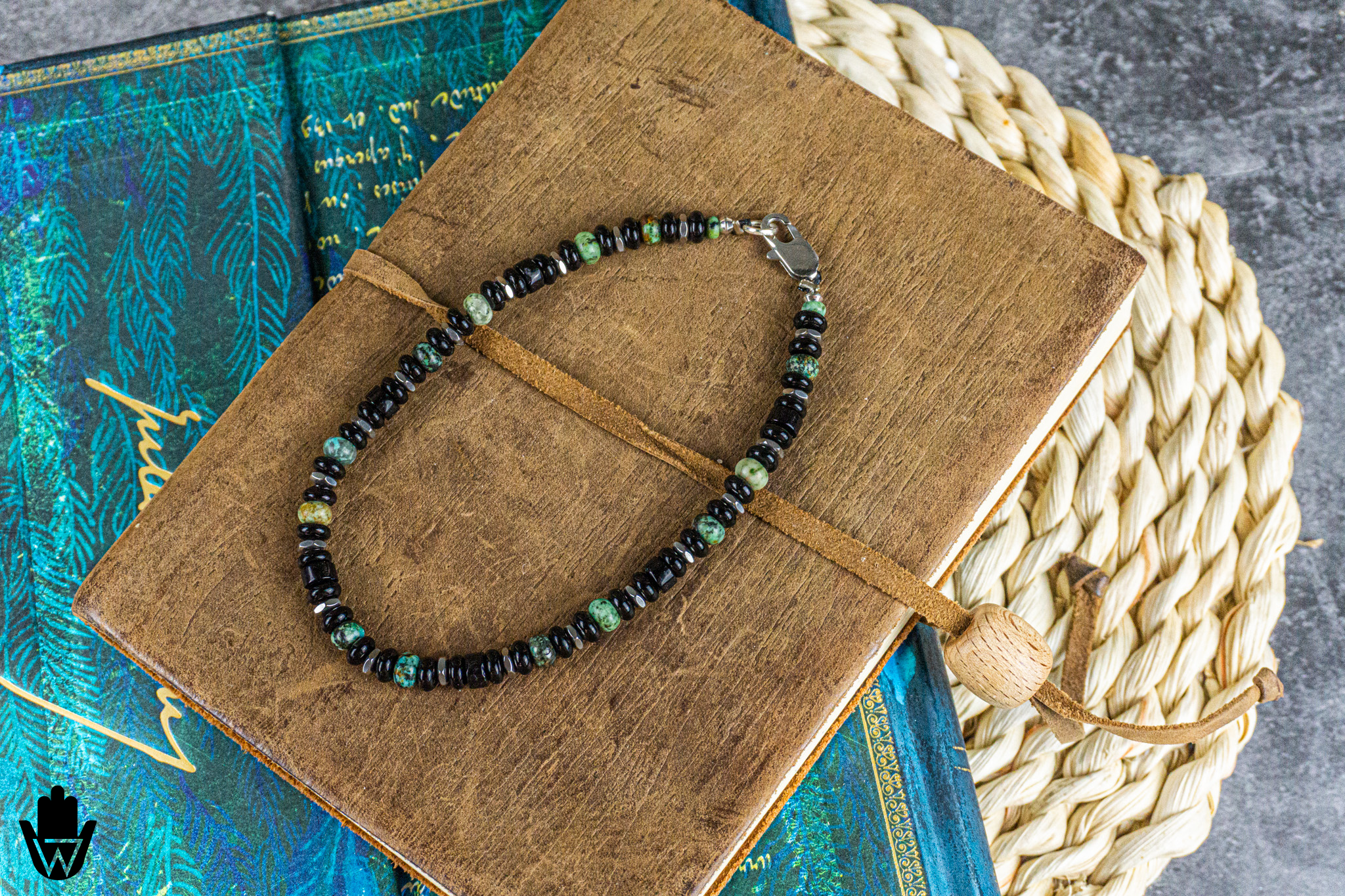 mens black onyx and gree jasper gemstone bead anklet- wander jewellery