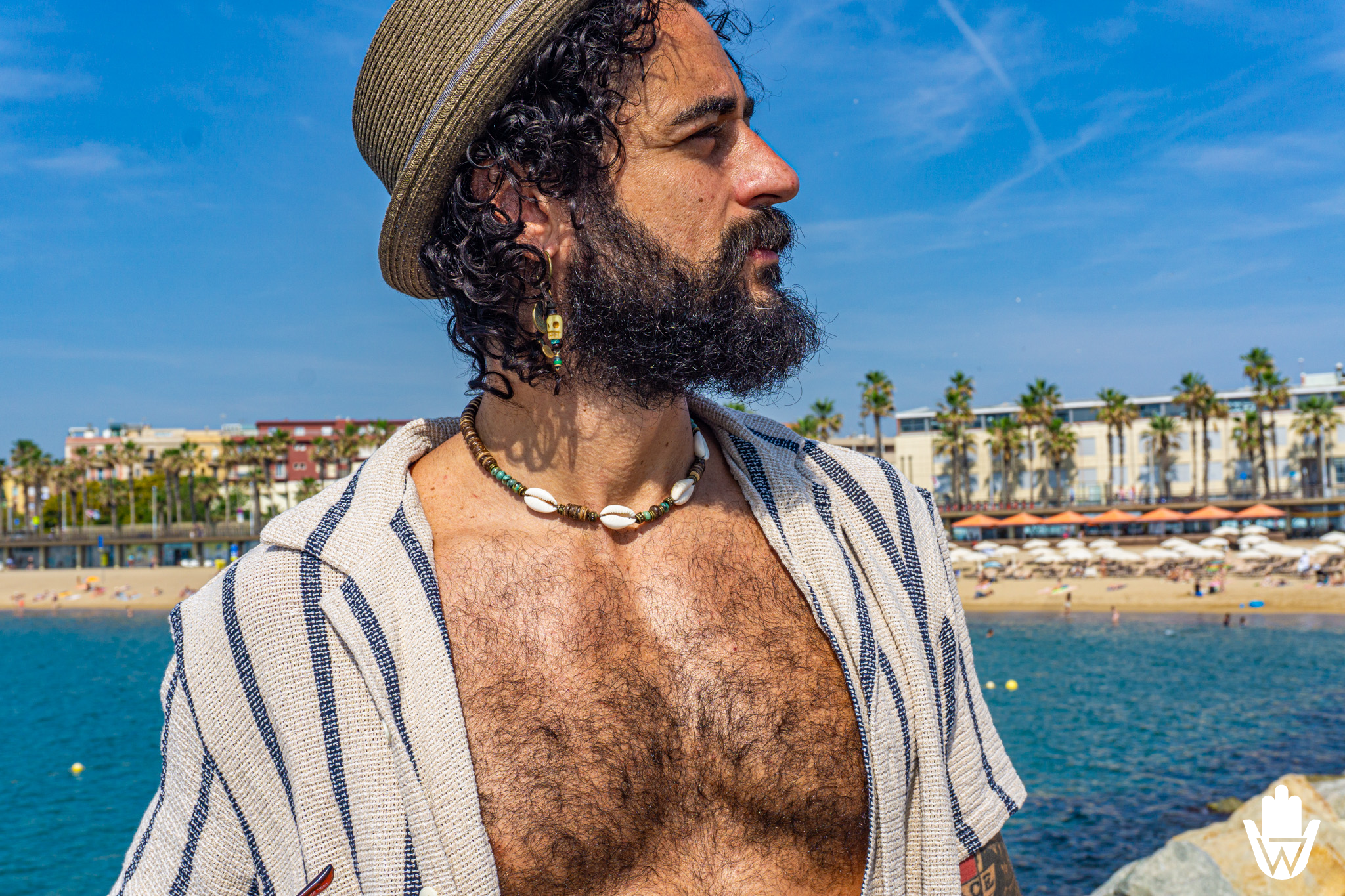 mens choker with cowrie shell coconut and green jasper gemstone- wander jewellery