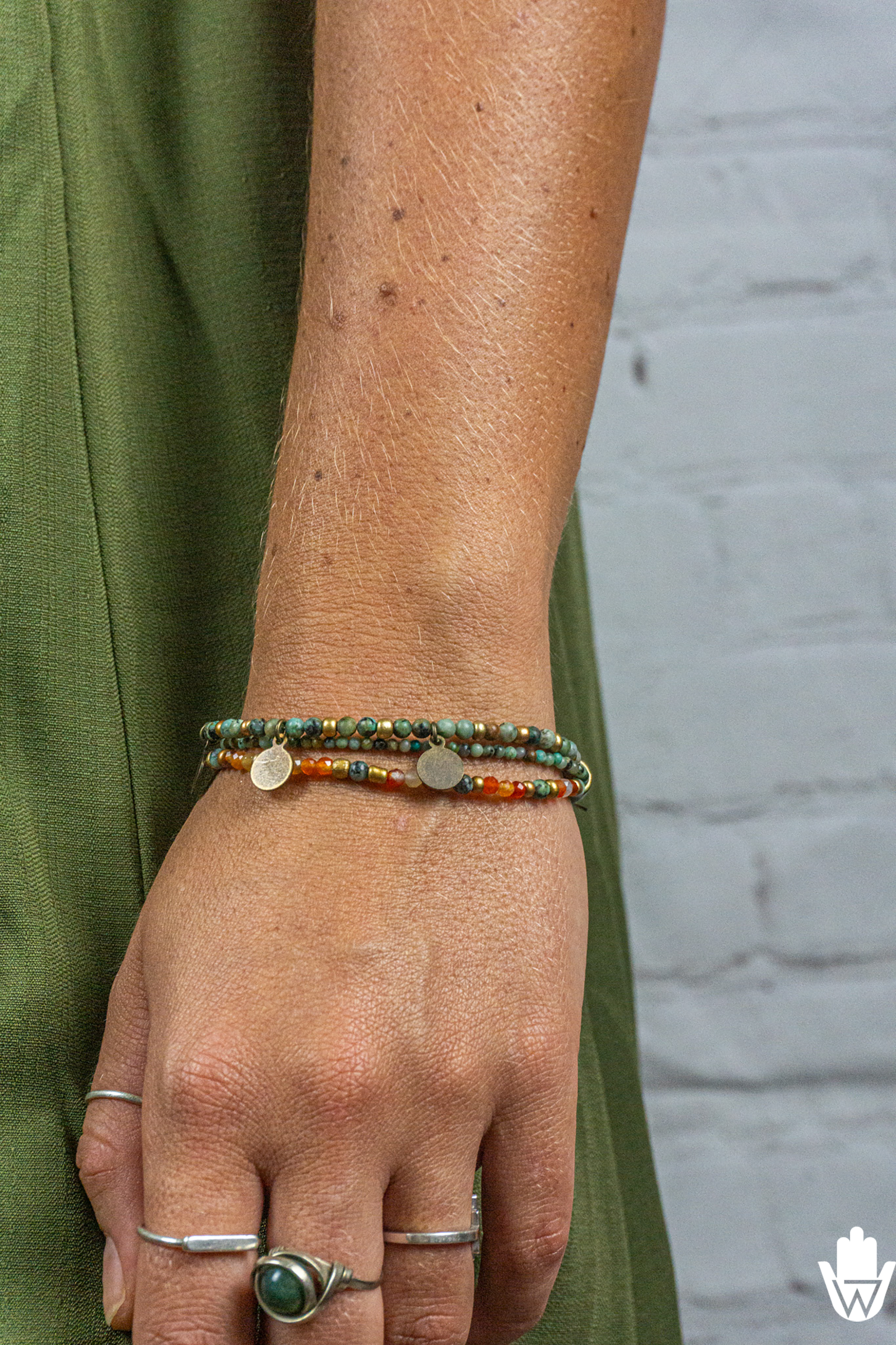 womens boho beaded bracelet with canelian and green african turquoise jasper bead- wander jewellery
