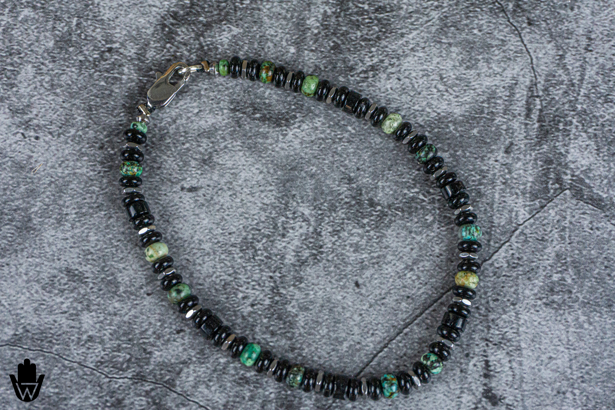 mens black onyx and gree jasper gemstone waterproof anklet- wander jewellery