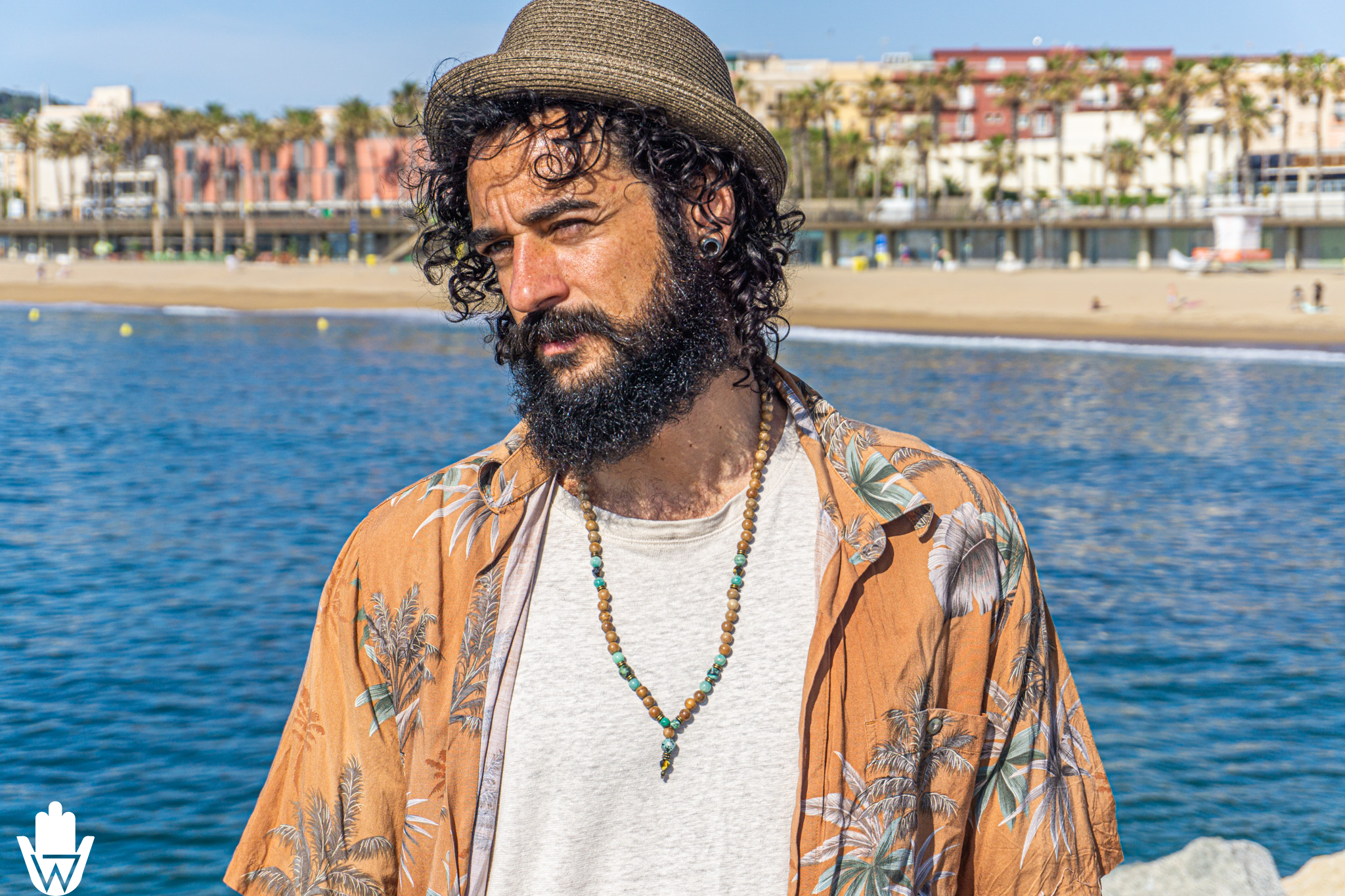 mens long mala necklace made of light brown camphor wood and turquoise amazonite gemstone with jasper pendant- wander jewellery