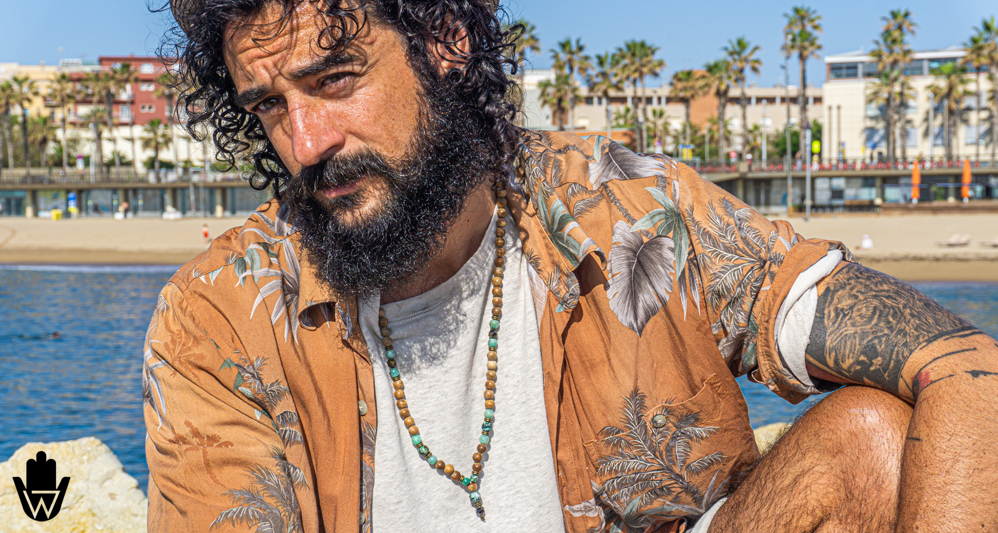 mens mala necklace made of light brown camphor wood and turquoise amazonite gemstone with jasper and tiger eye pendant- wander jewellery