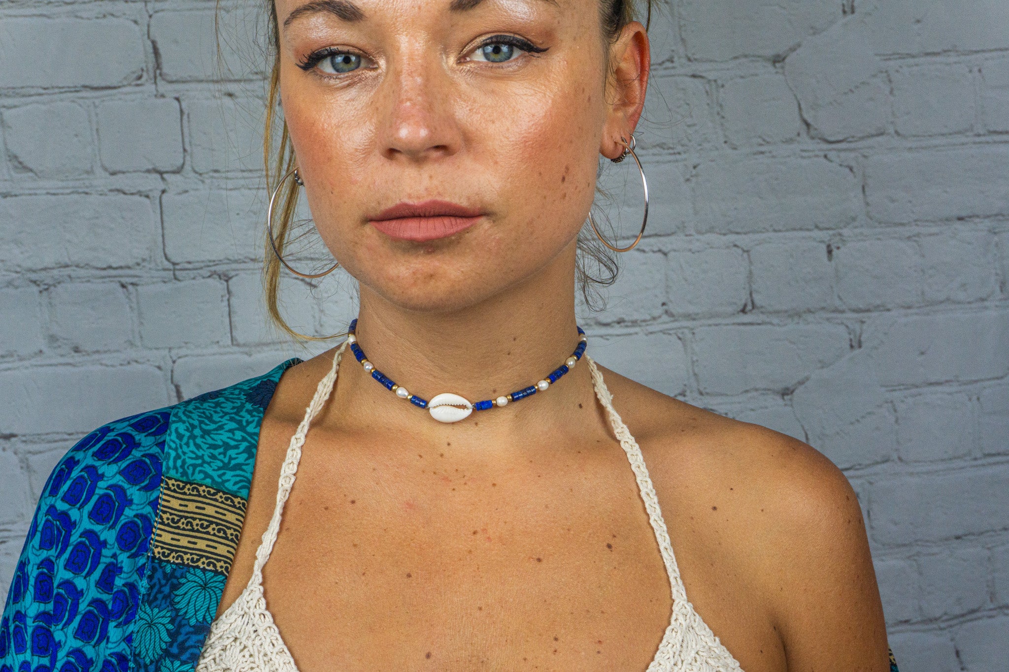 womens choker necklace made of lapis lazuli heishi beads gemstone, pearl and a cowrie shell - wander jewellery