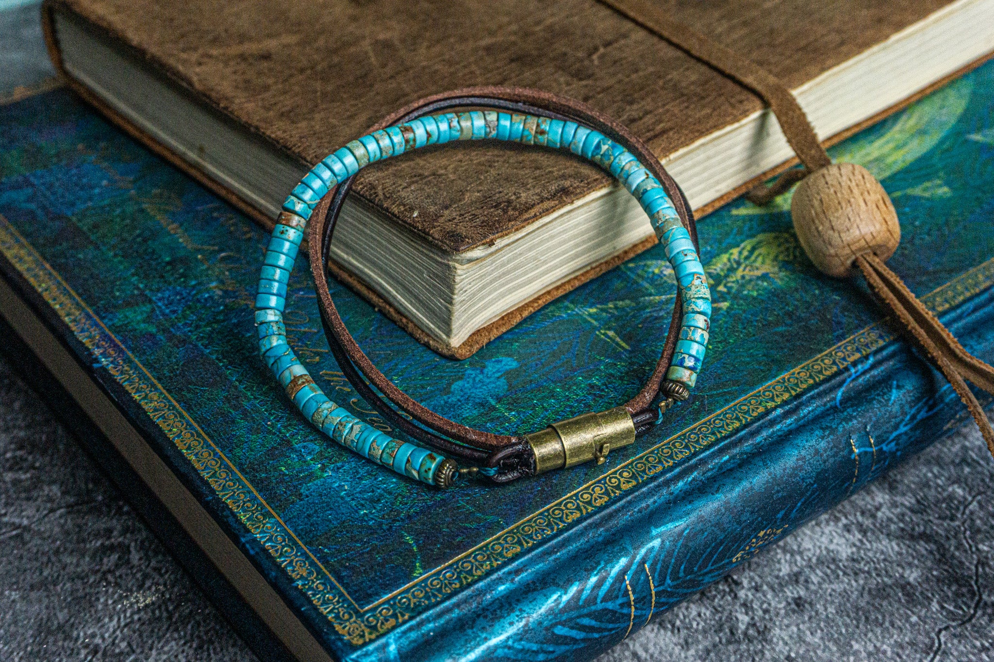 mens layered bracelet made of turquoise and leather