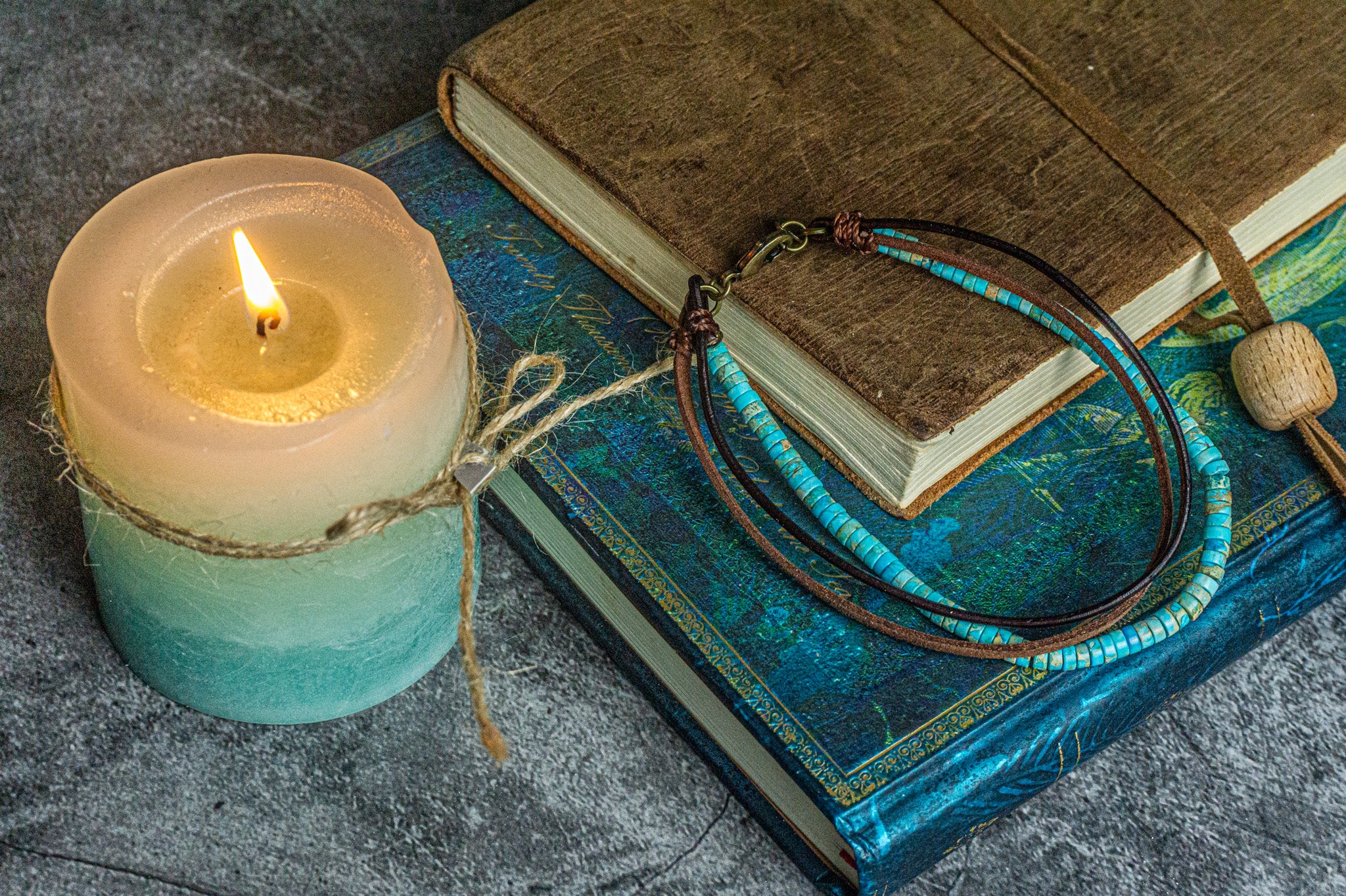 mens turquoise gemstone bead and leather layered summer anklet- wander jewellery