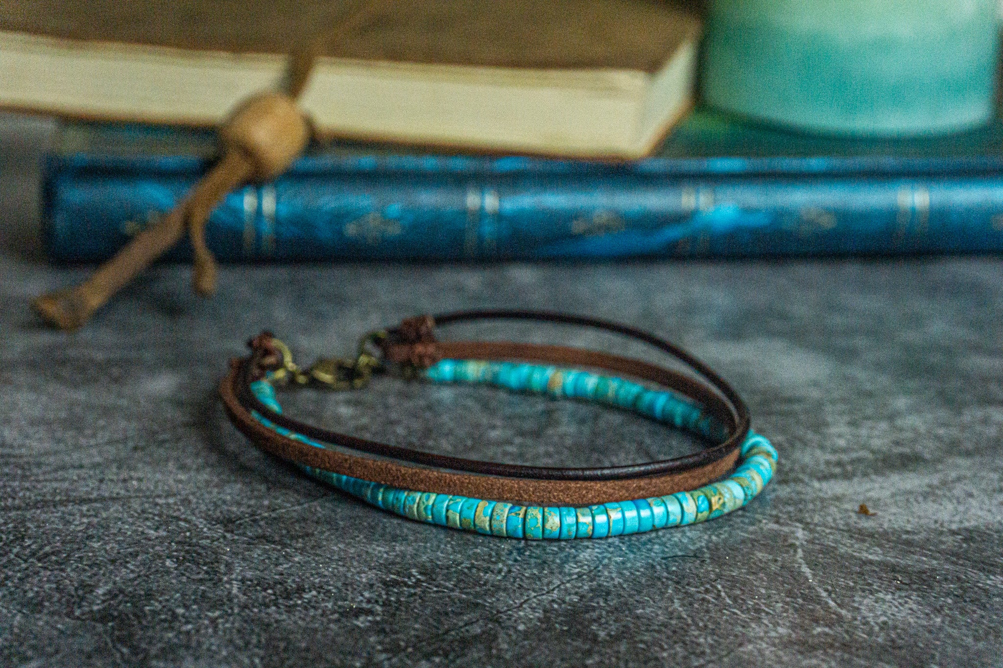 mens turquoise gemstone bead and leather layered beach anklet- wander jewellery