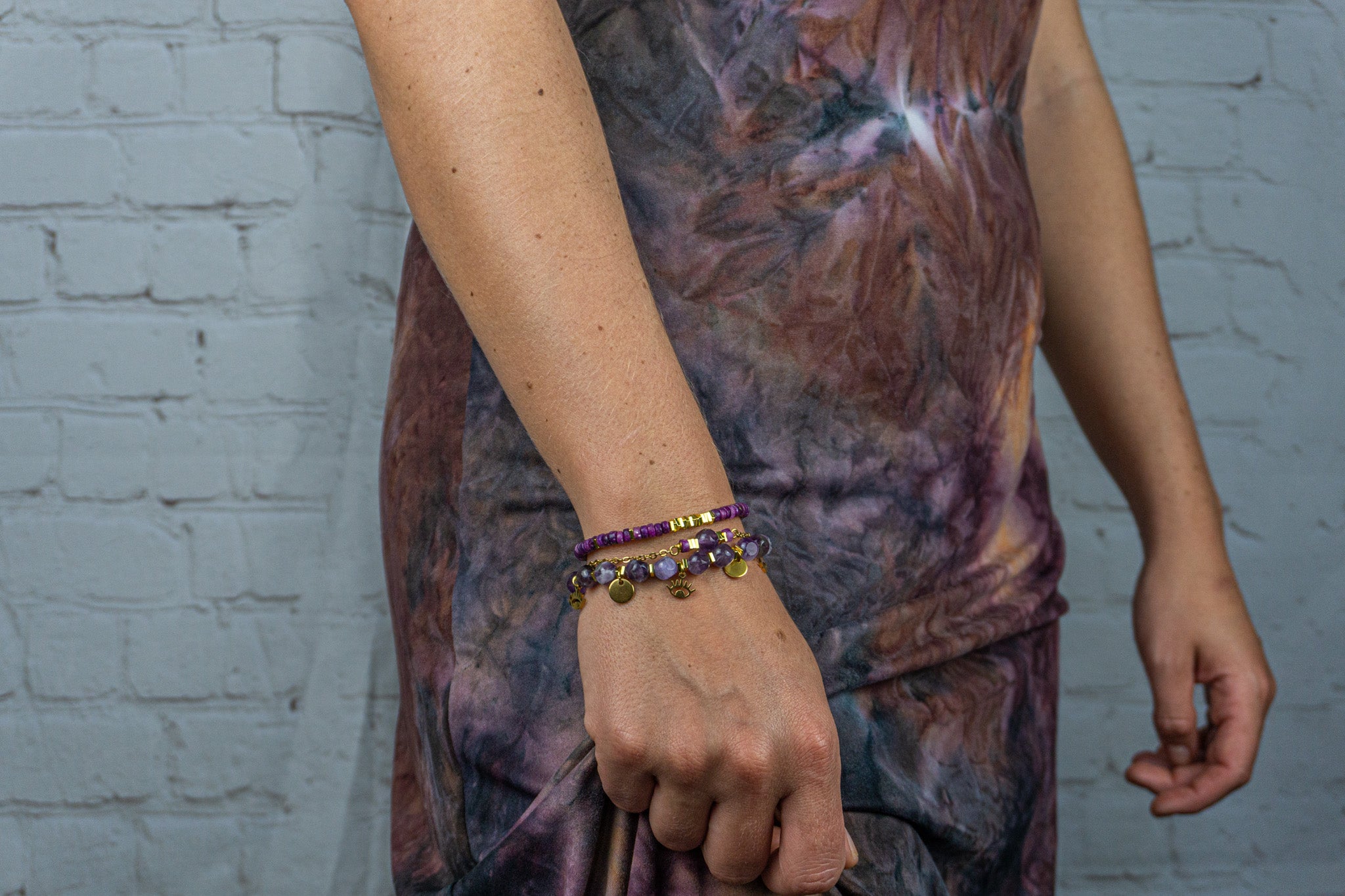 Womens purple gemstone bracelet set with golden stainless steel chain and golden charms- wander jewellery