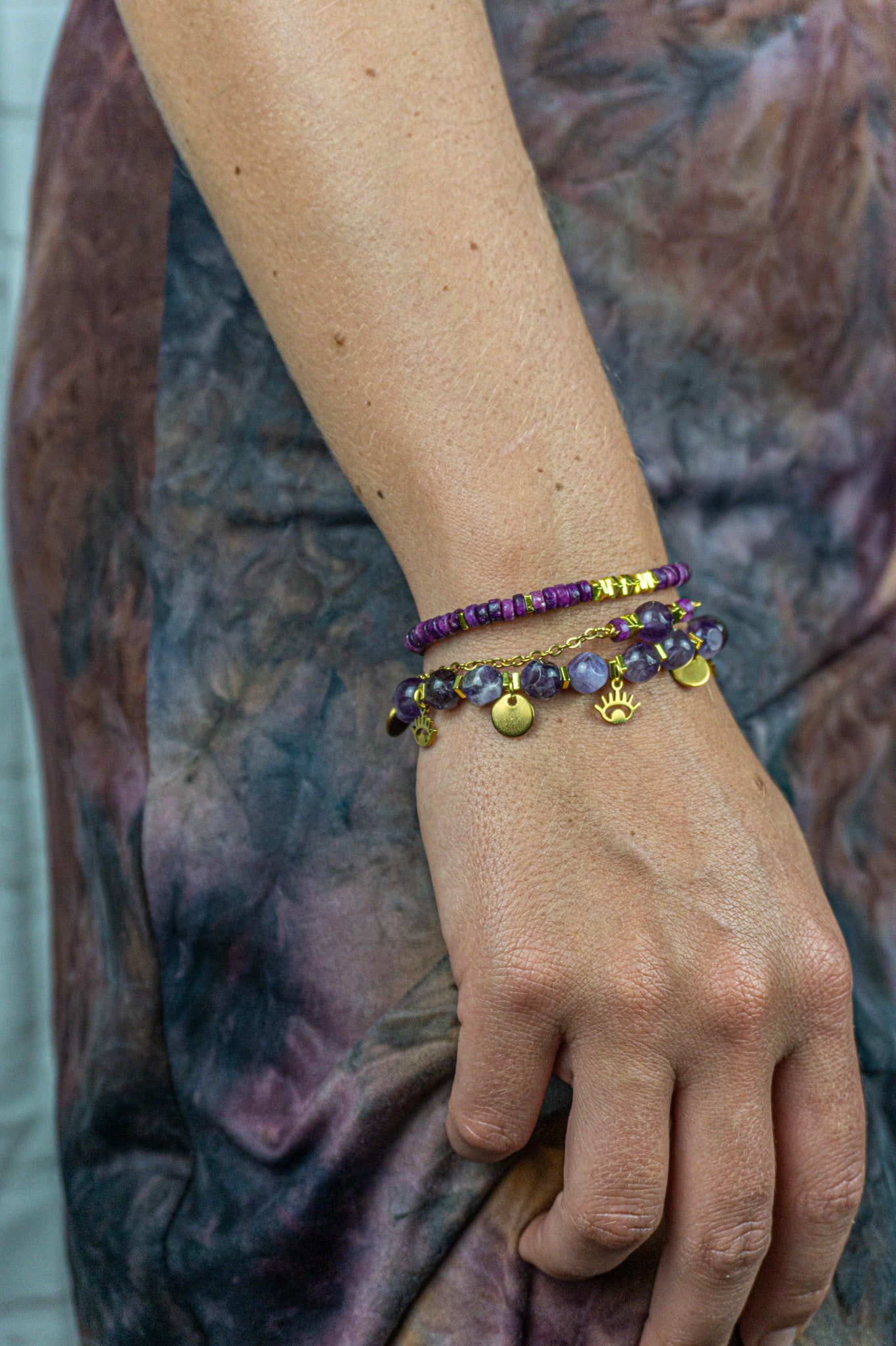 Womens Amethyst and lepidolite purple gemstone beaded bracelet set with golden stainless steel chain and golden charms- wander jewellery