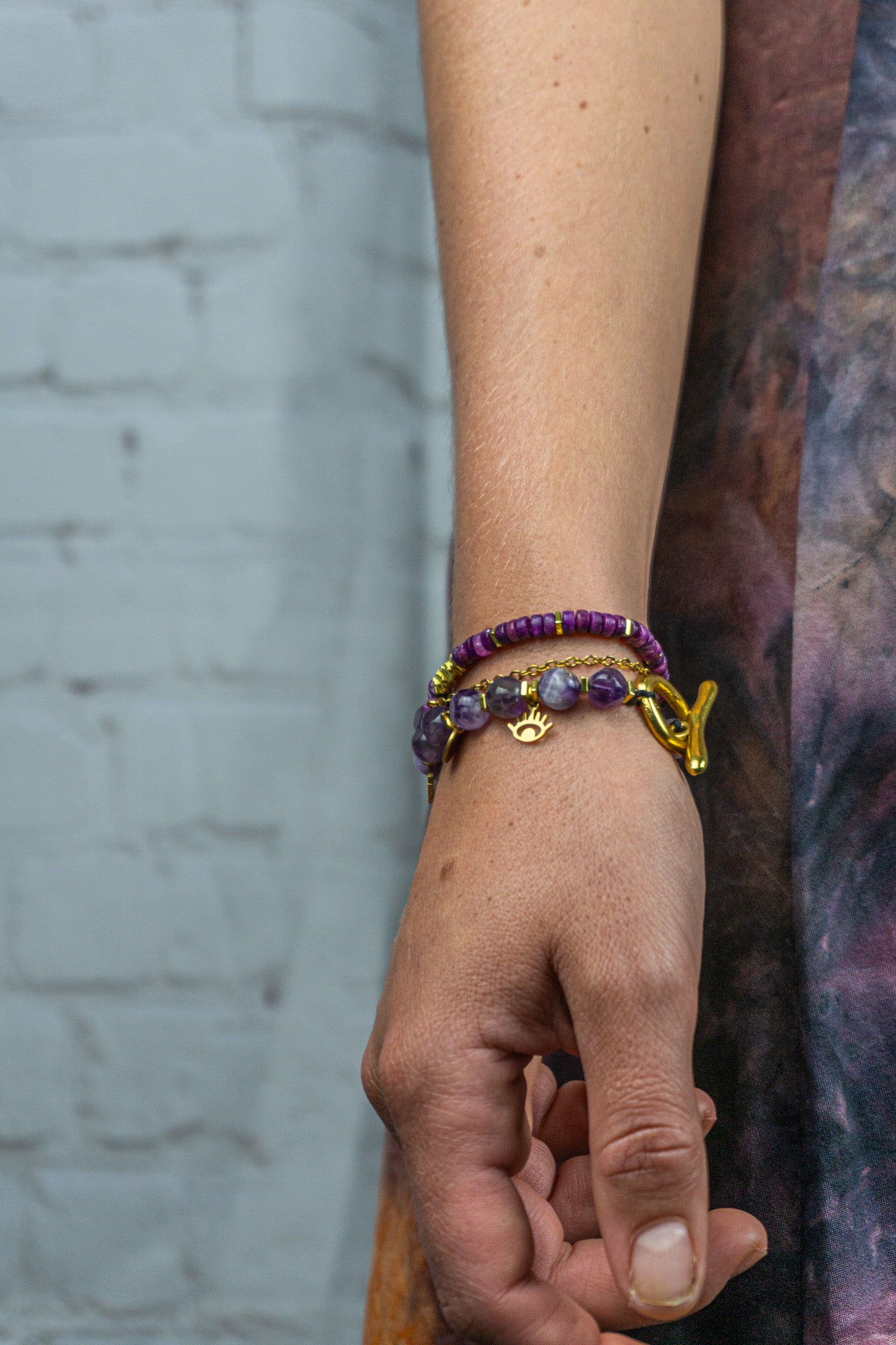 Womens purple gemstone beaded bracelet set with golden stainless steel chain and golden charms- wander jewellery