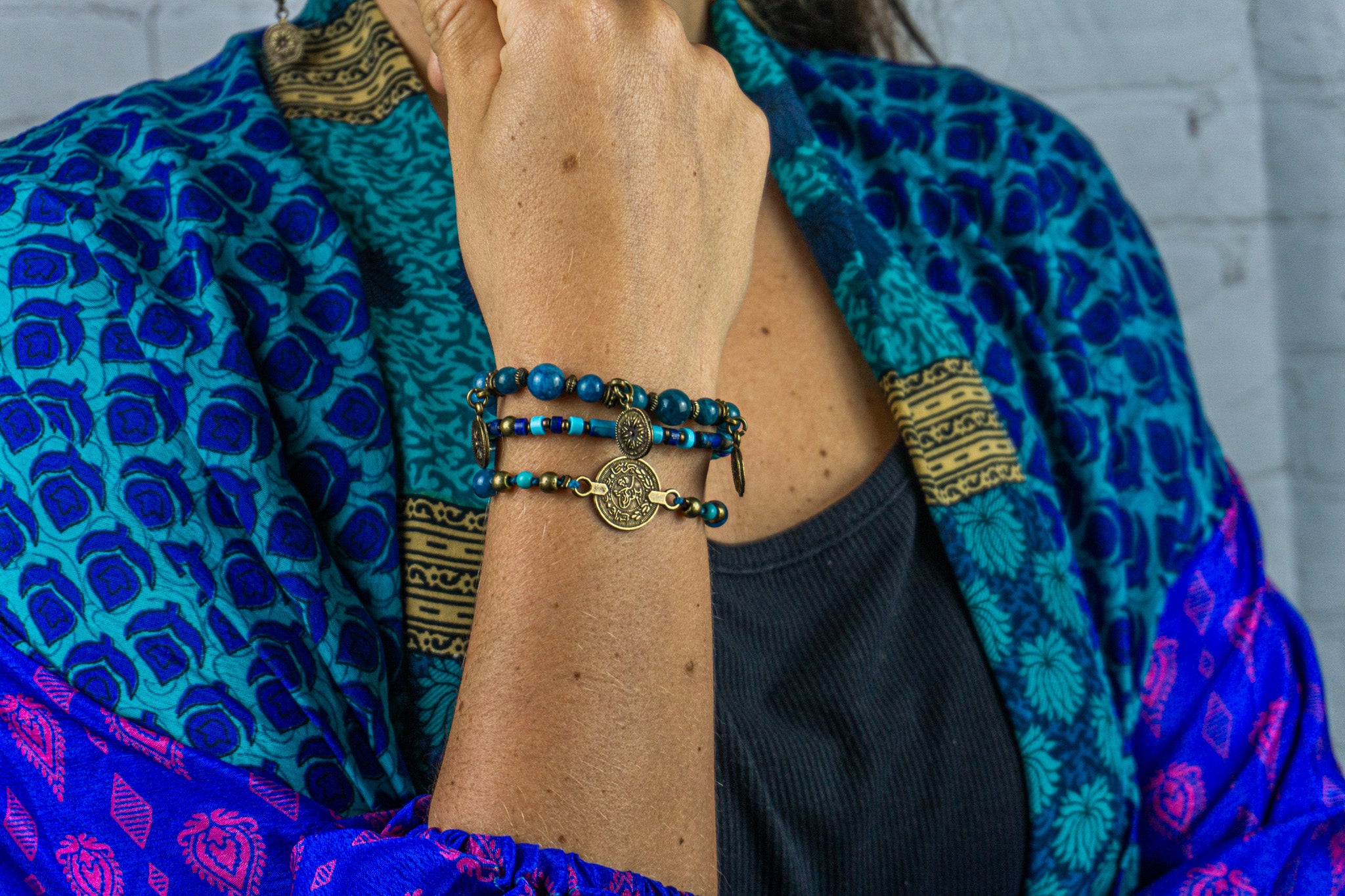 Womens Apatite , lapis lazuli and turquoise gemstone br¡eaded bracelet set of 3, with ancient gold coins - wander jewellery