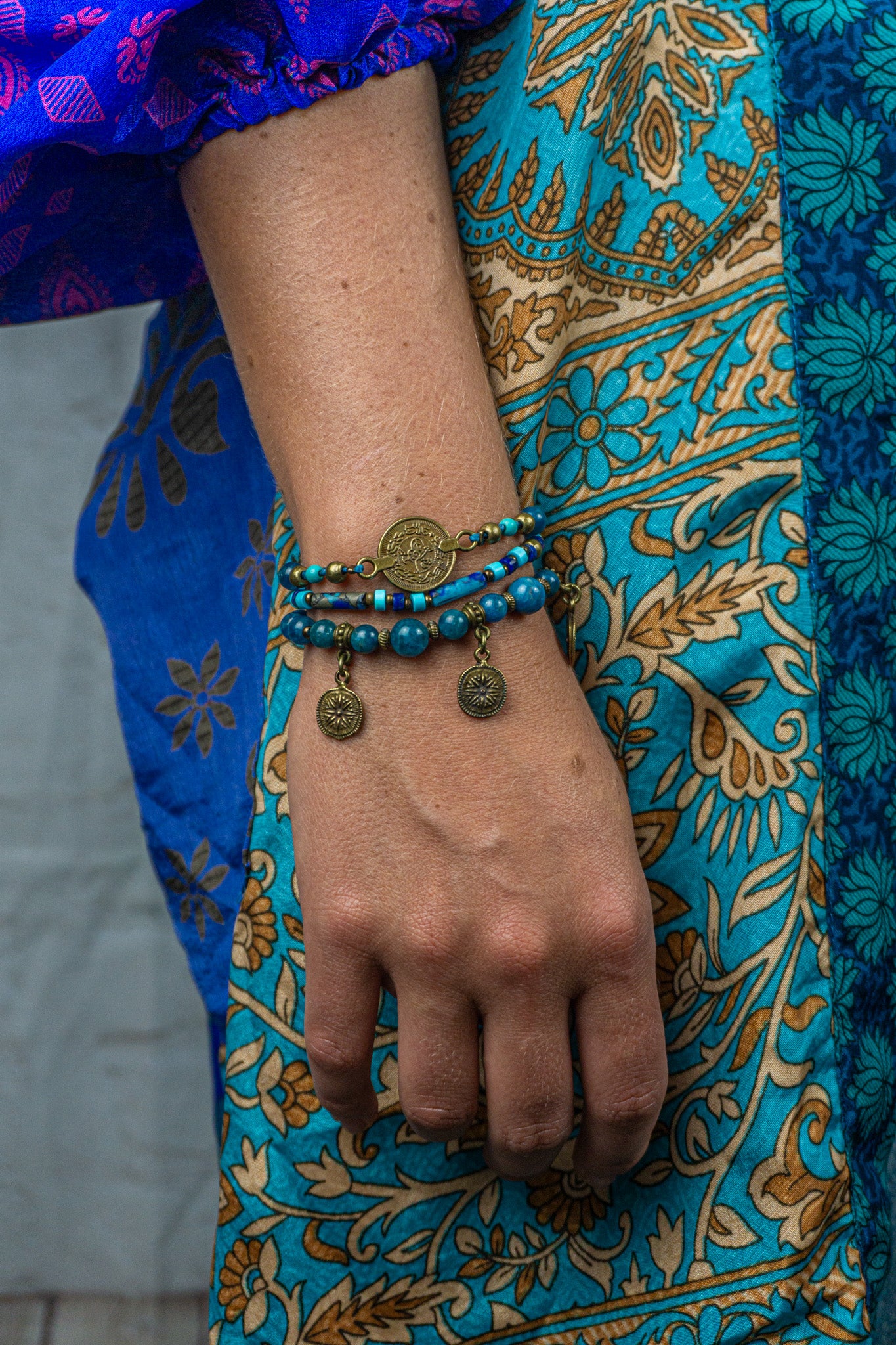 Womens Blue Apatite , lapis lazuli and turquoise gemstone br¡eaded bracelet set of 3, with ancient gold coins and bronze details- wander jewellery