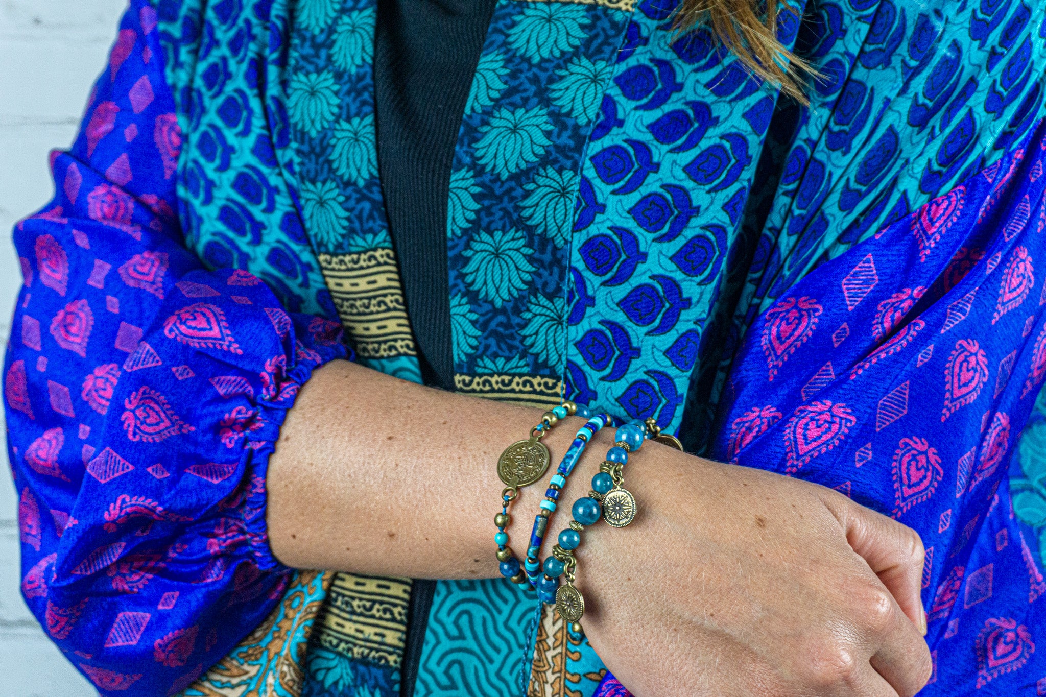 Womens Blue Apatite , lapis lazuli and turquoise gemstone br¡eaded bracelet set of 3, with ancient gold coins- wander jewellery
