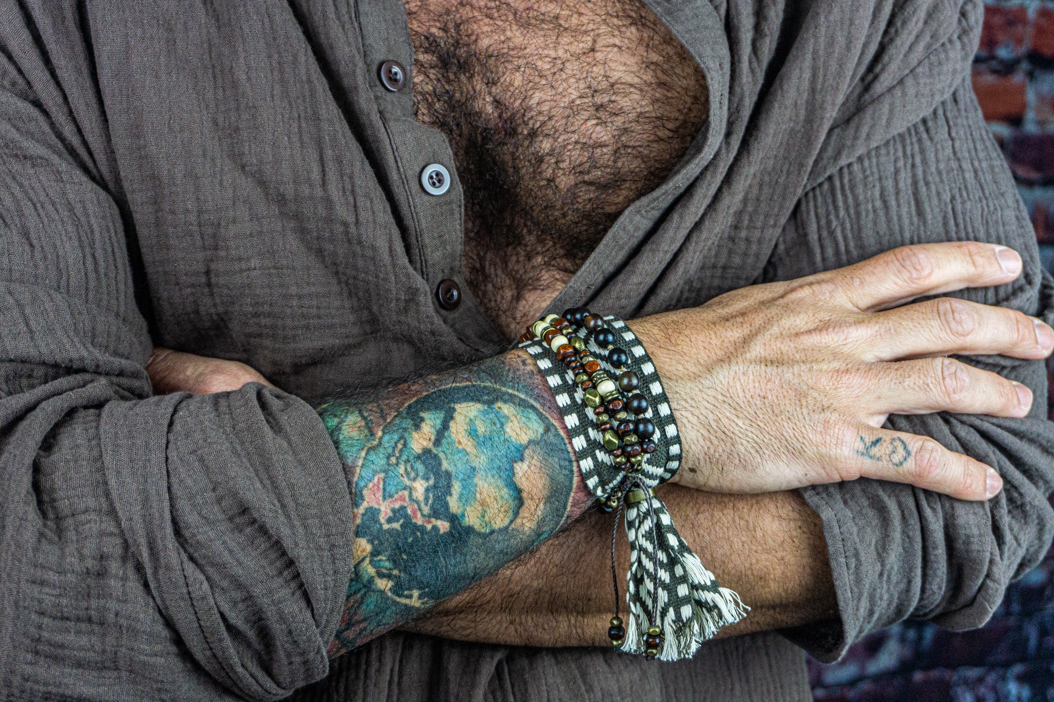 mens wooden beaded triple bracelet set with tribal cotton cuff fabric bracelet- wander jewellery