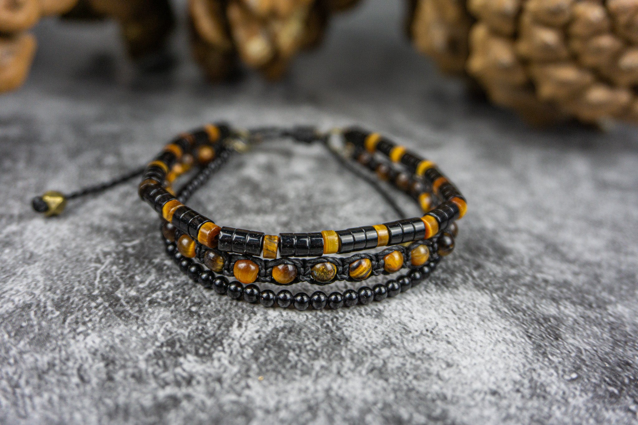 layered bracelet made of tiger eye and black onyx gemstone heishi beads- wander jewellery
