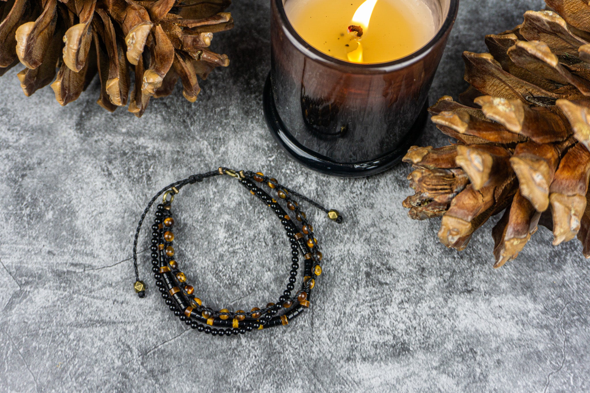 mens layered bracelet made of tiger eye and onyx gemstone - wander jewellery
