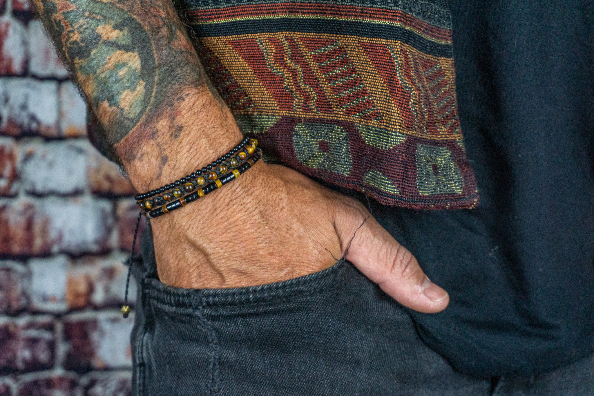 mens layered bracelet made of tiger eye and black onyx gemstone beads- wander jewellery