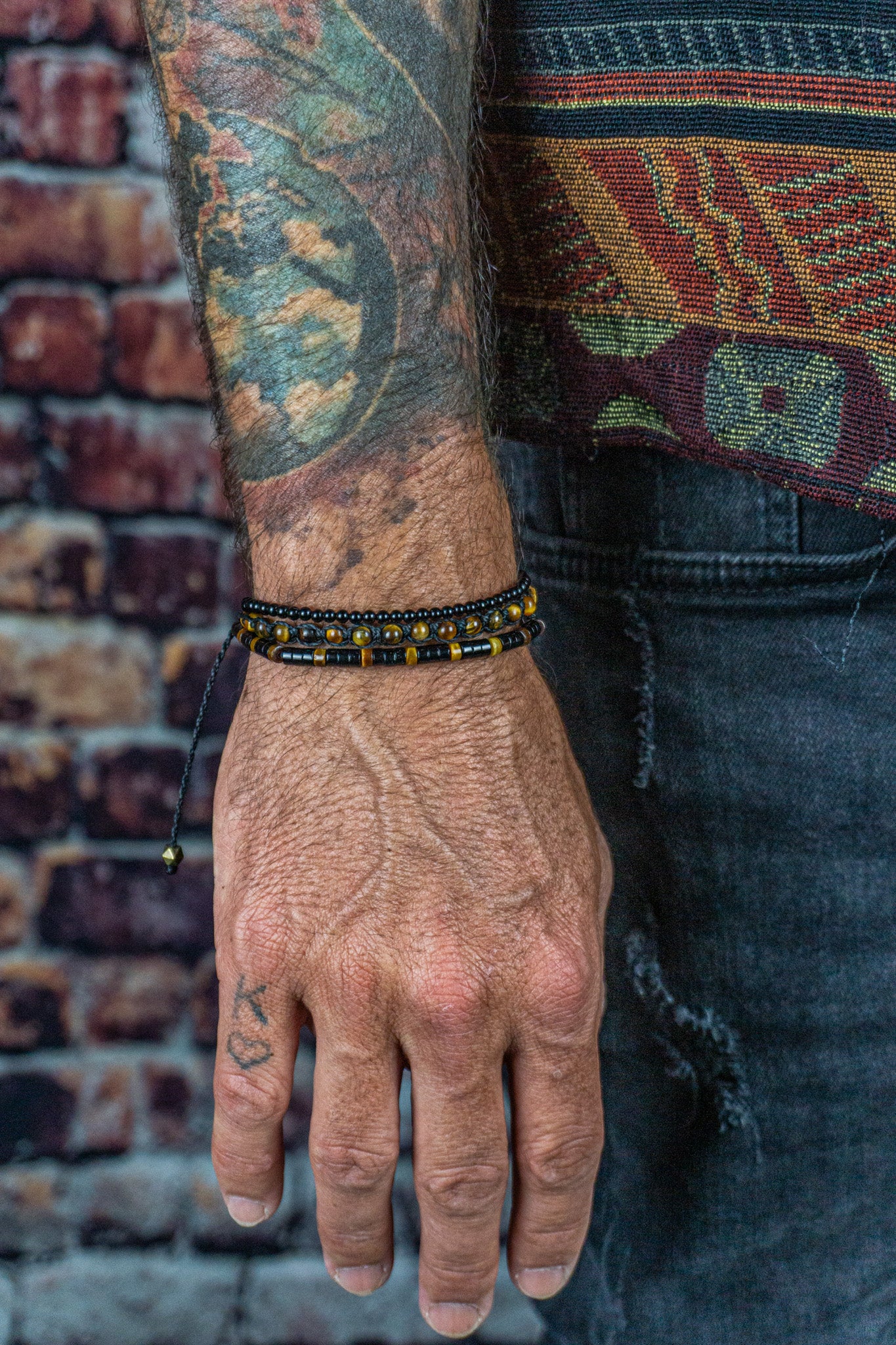mens layered bracelet made of tiger eye and black onyx gemstone heishi beads- wander jewellery