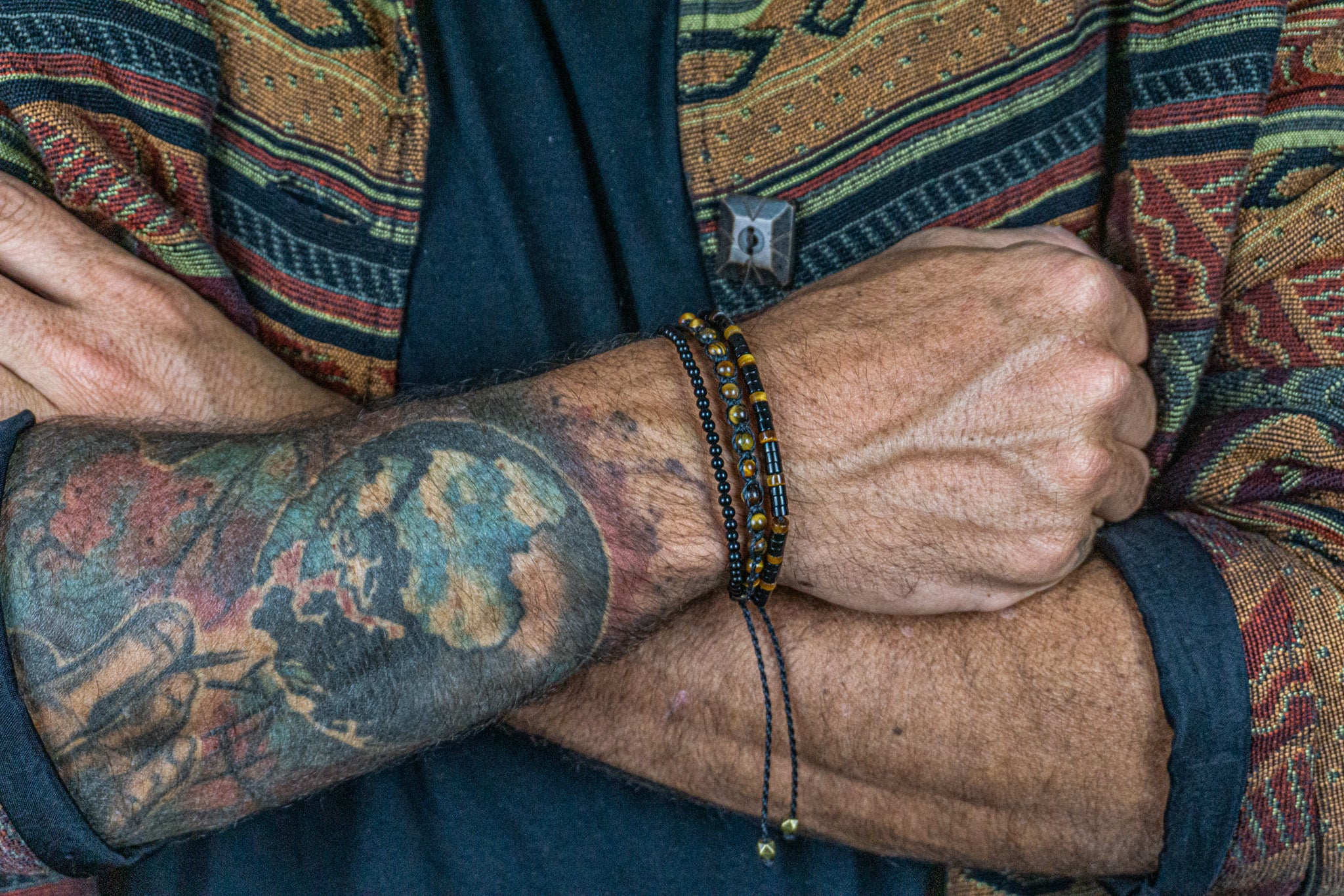 mens triple layered bracelet made of tiger eye and black onyx gemstone heishi beads- wander jewellery