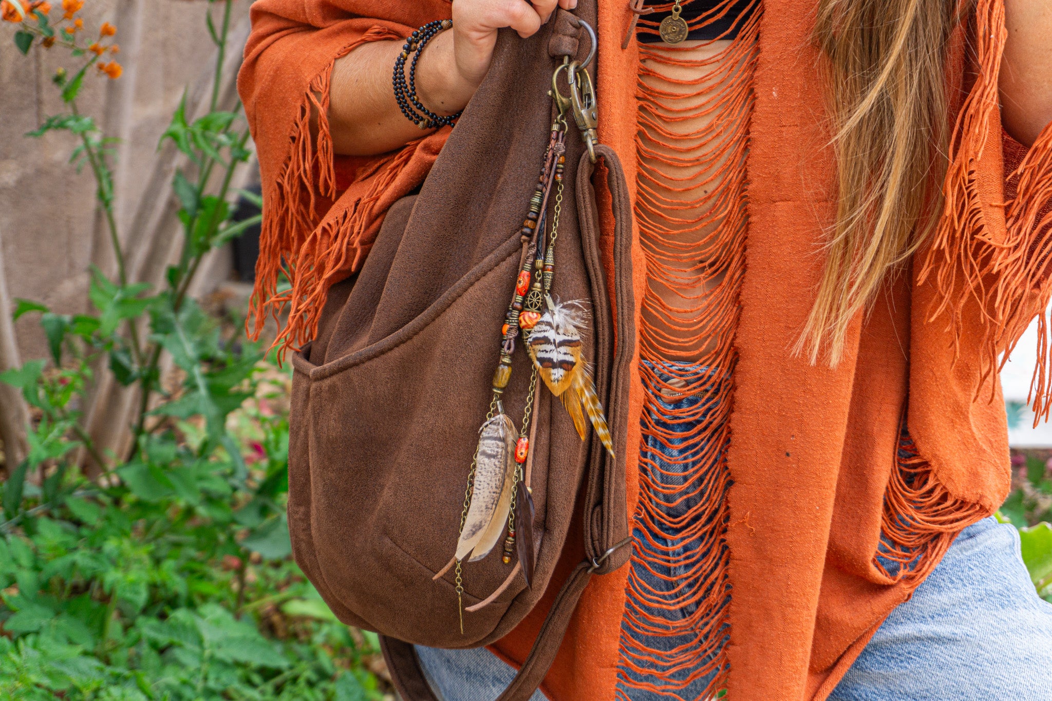 Boho Feather Leather Multiuse Clip- Keycahin- Bag & Guitar Accessory