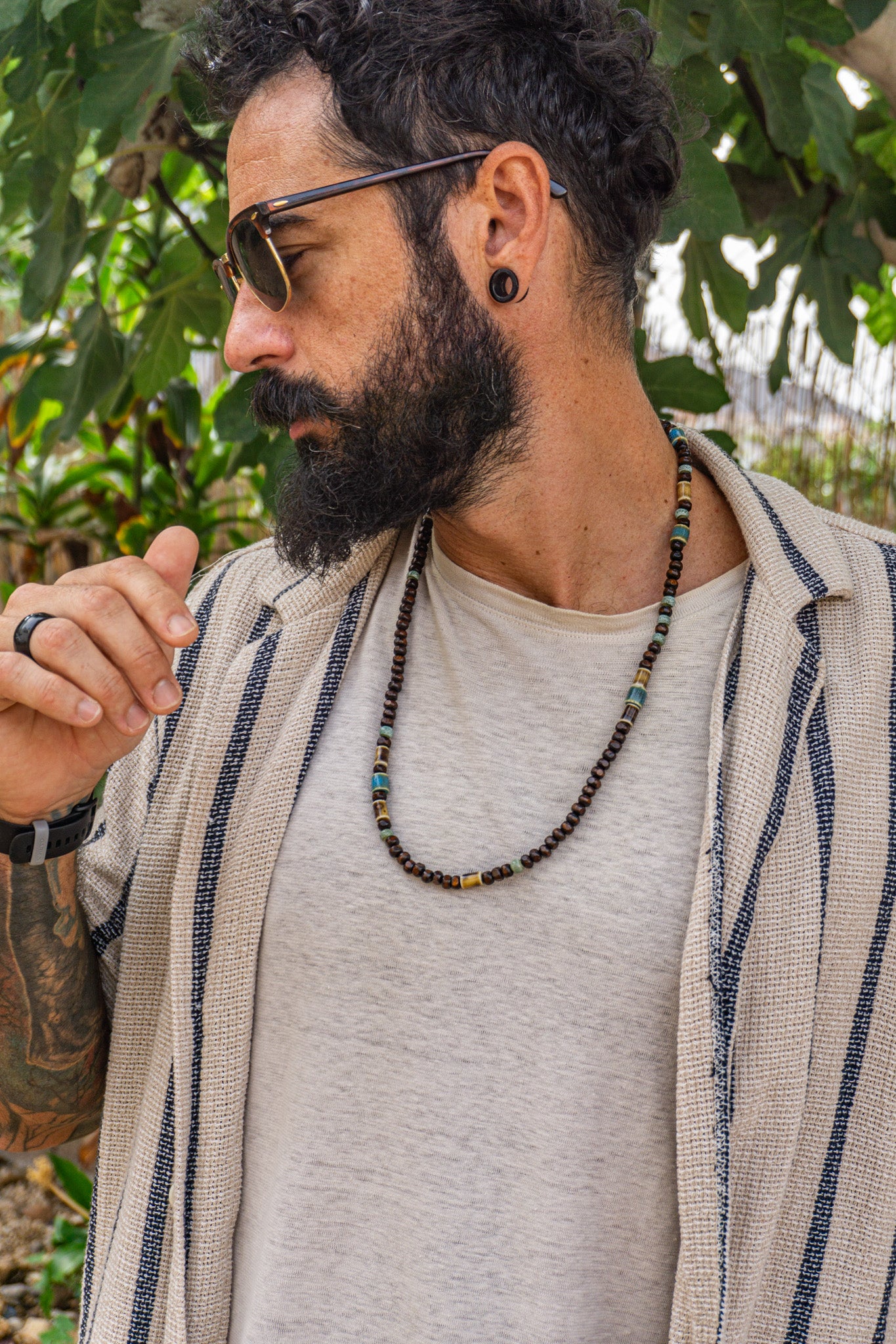 Everyday Long Wooden Bead Necklace with Earthy Ceramic Accents