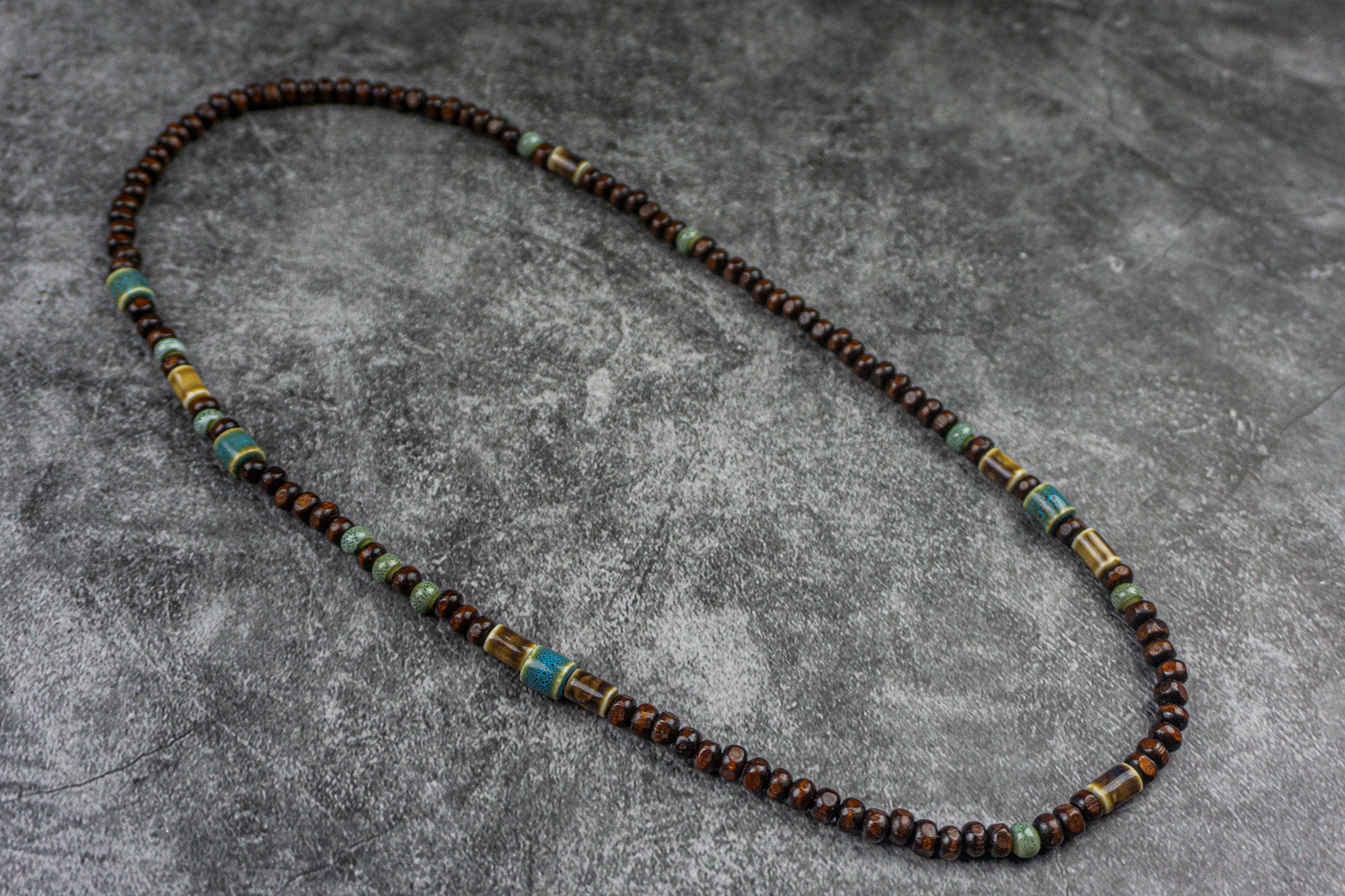 Everyday Long Wooden Bead Necklace with Earthy Ceramic Accents