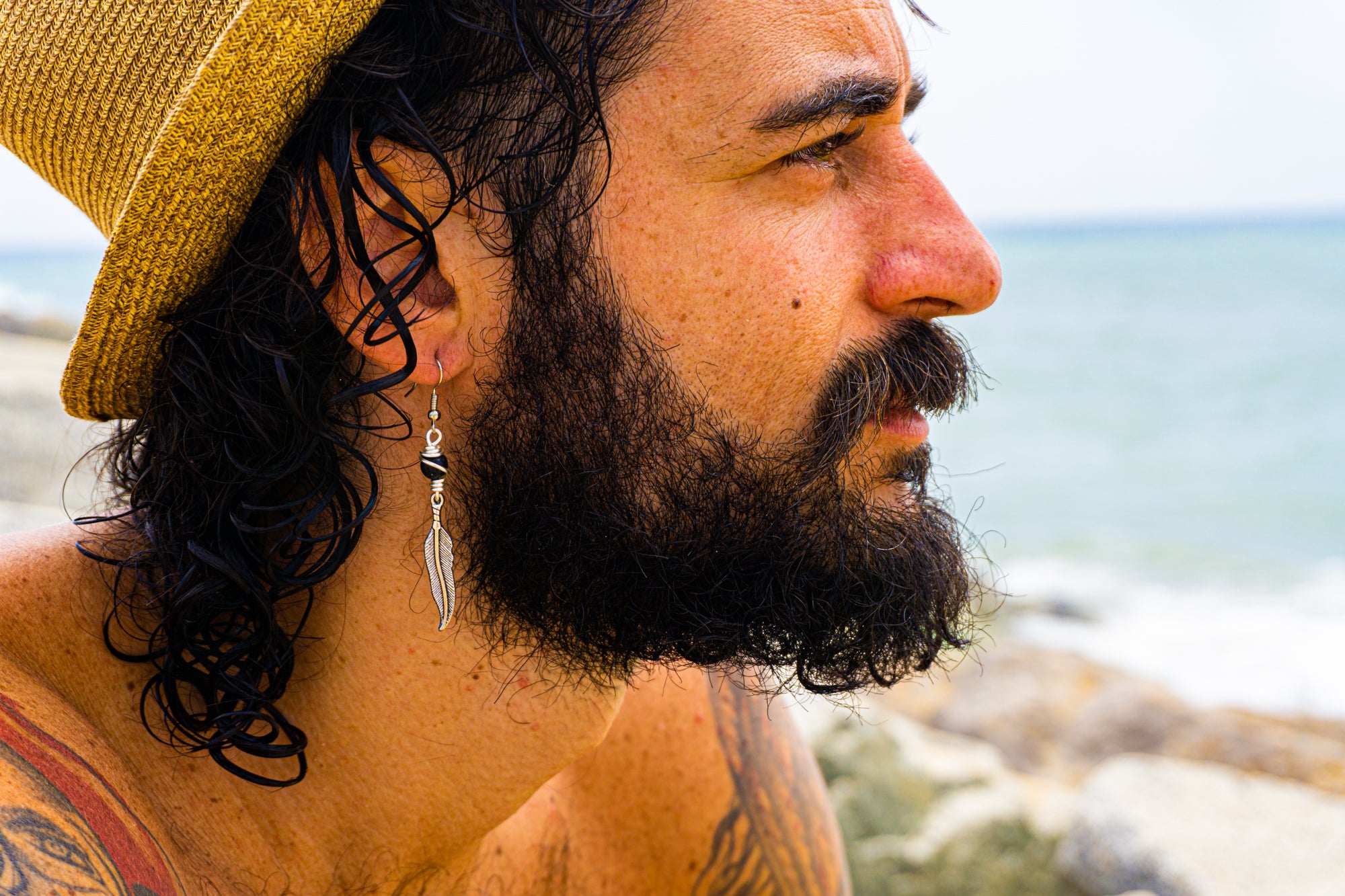mens silver feather dangle earring with lava stone- wander jewellery