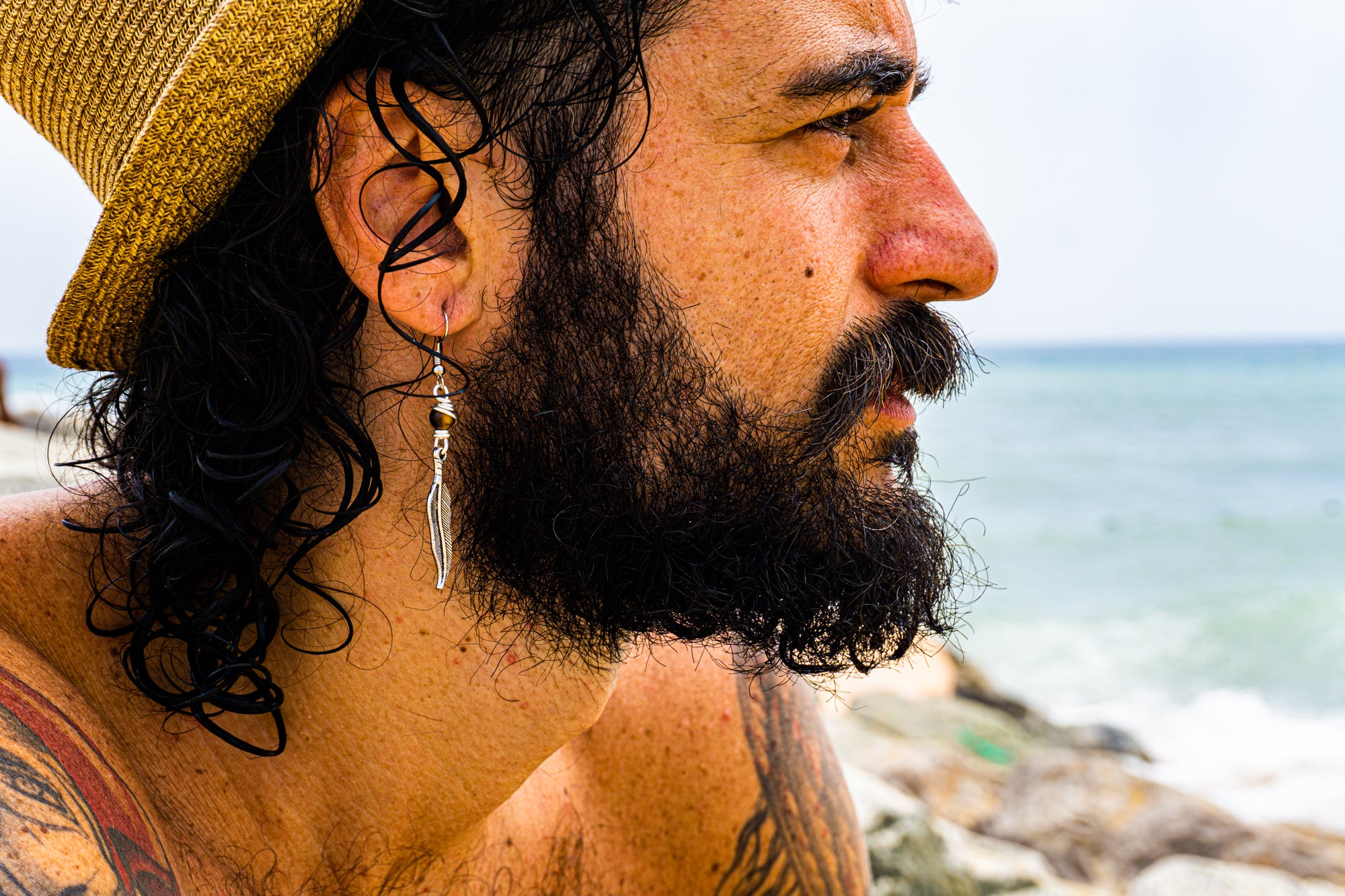 mens silver feather dangle earring with tiger eye gemstone- wander jewellery