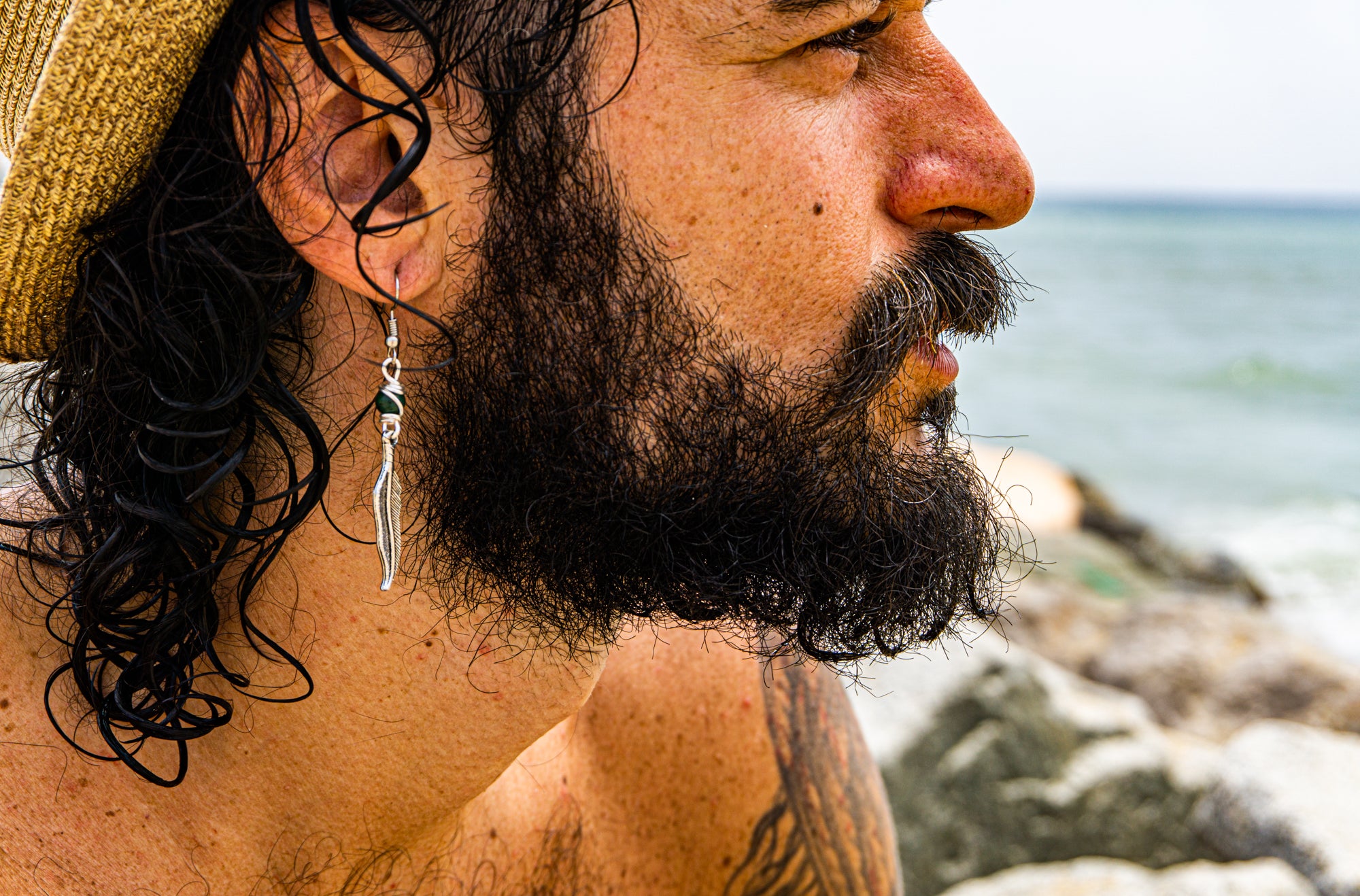 mens silver feather dangle earring with jade gemstone- wander jewellery