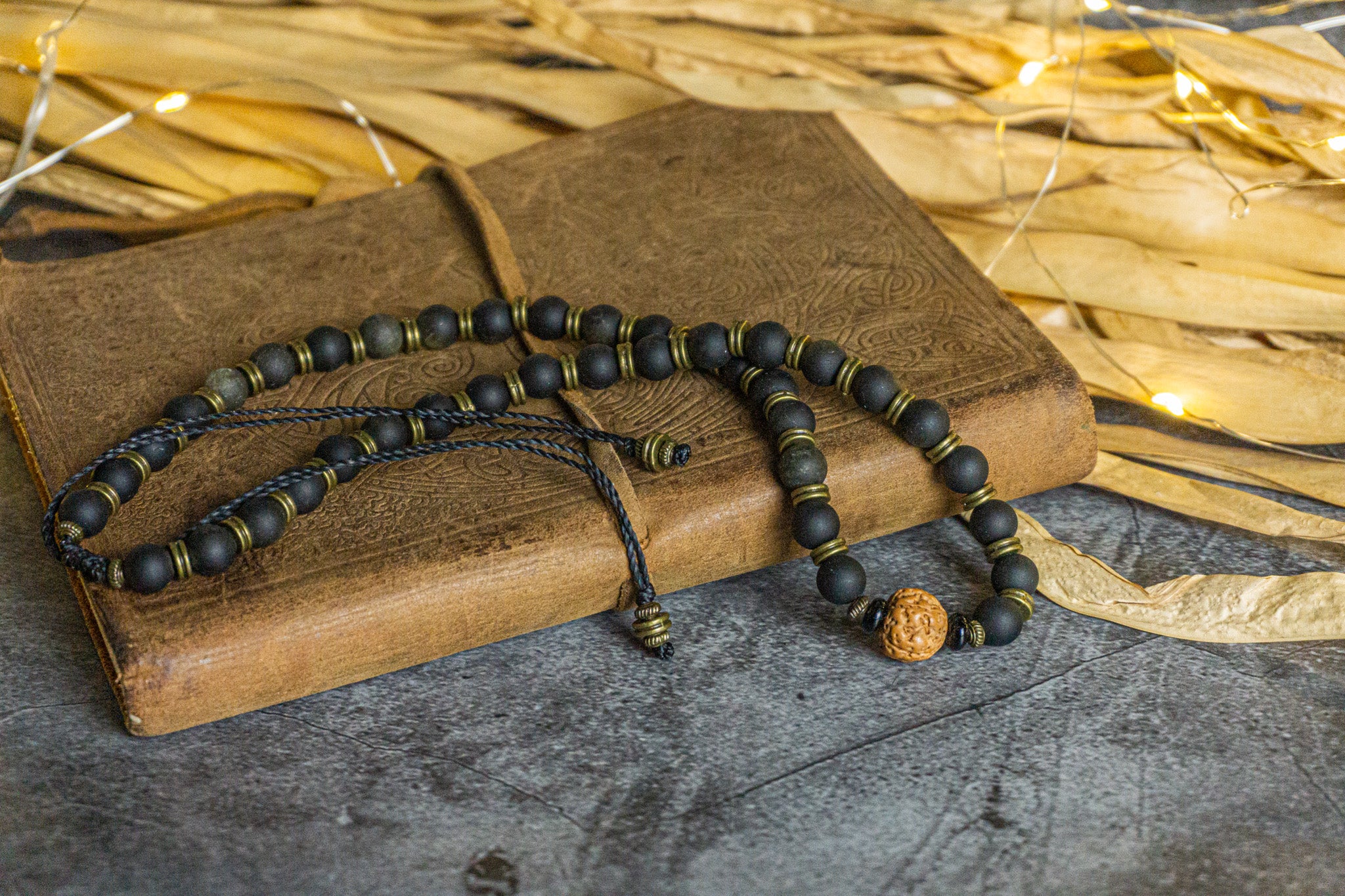 black golden obsidian beaded necklace with brass spacers and rudraksha seed- wander jewellery