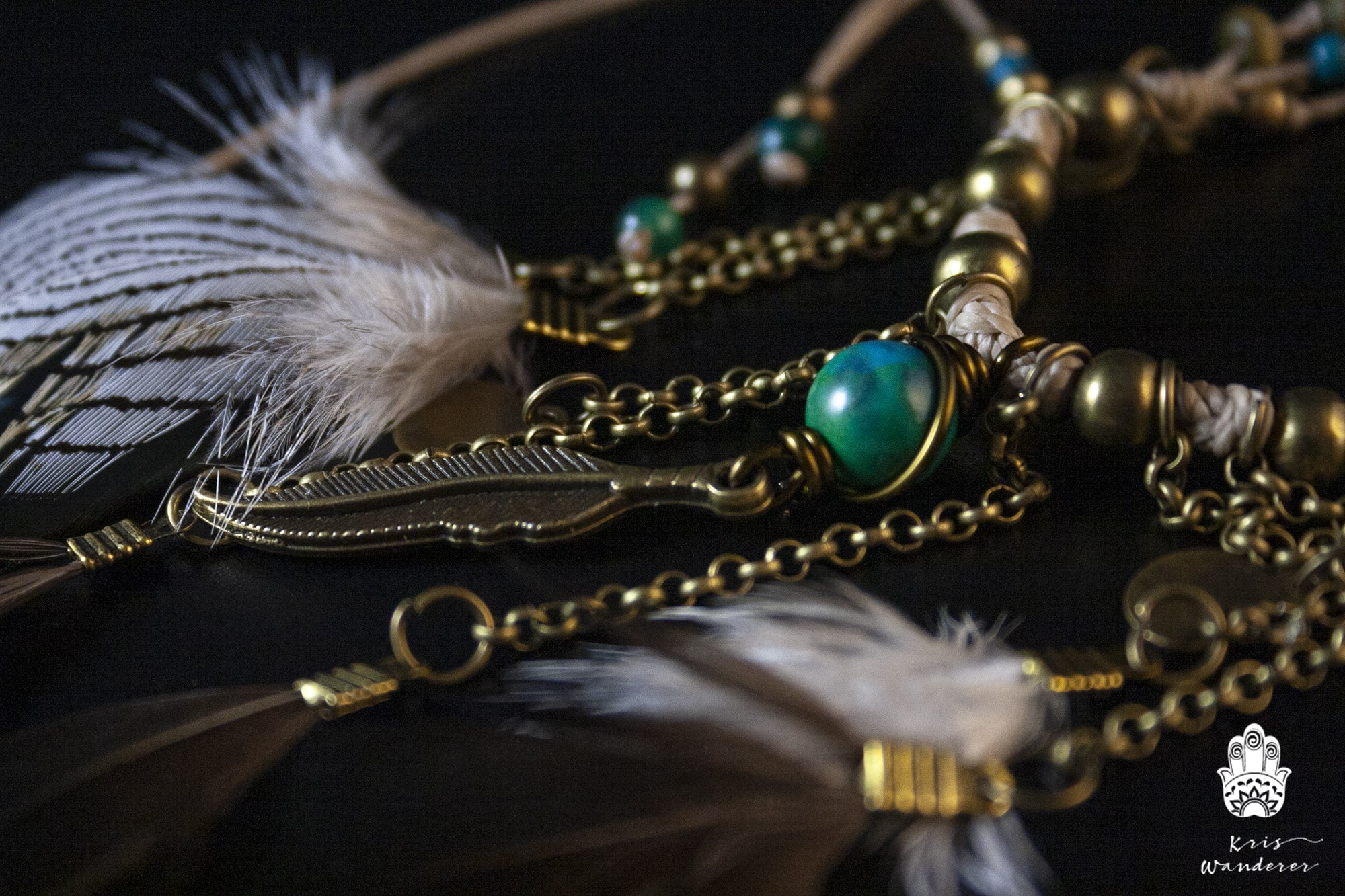 Necklace with feathers and turquoise stones on a dark background