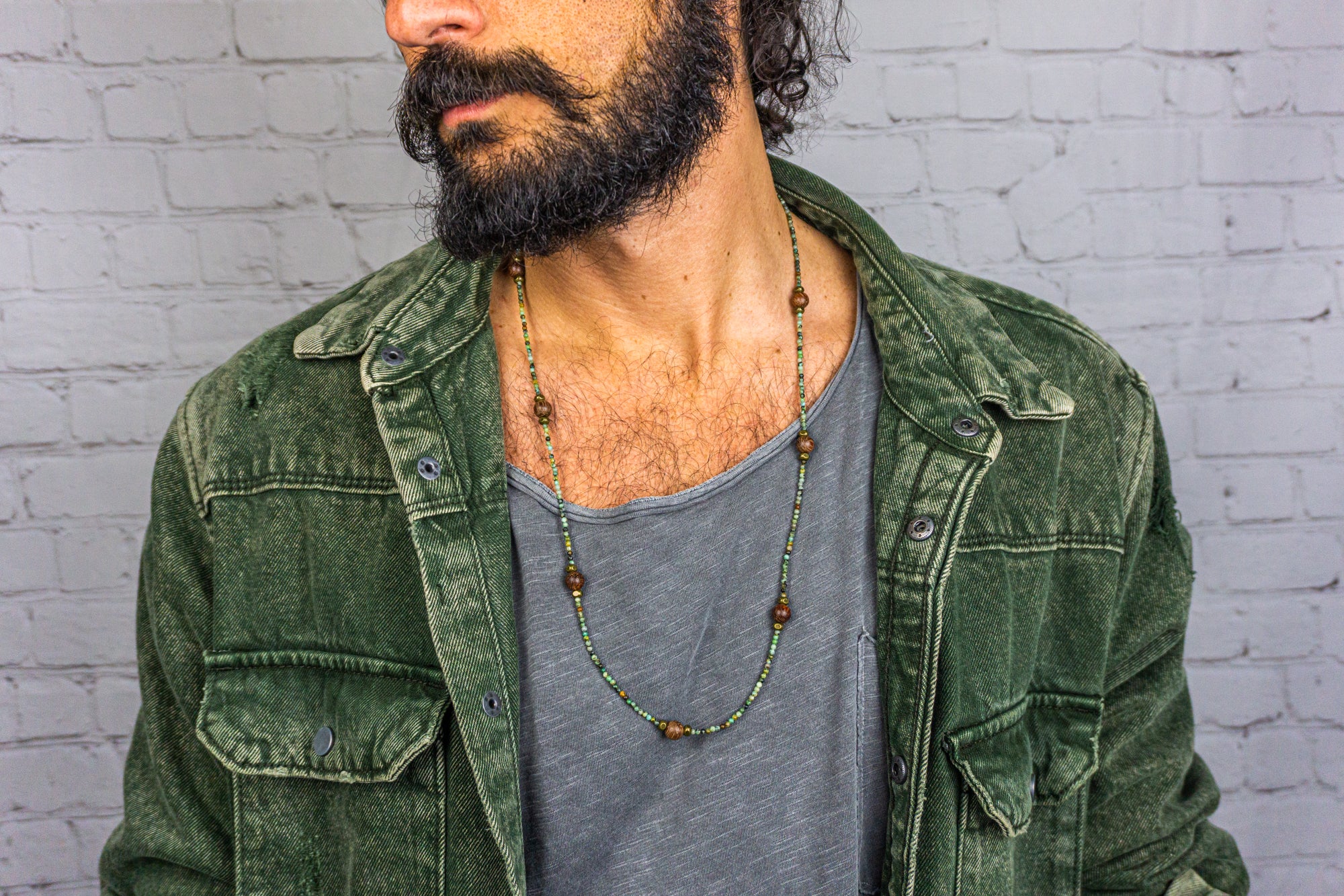 mens long green african turquoise gemstone with wooden beads necklace -wander jewellery