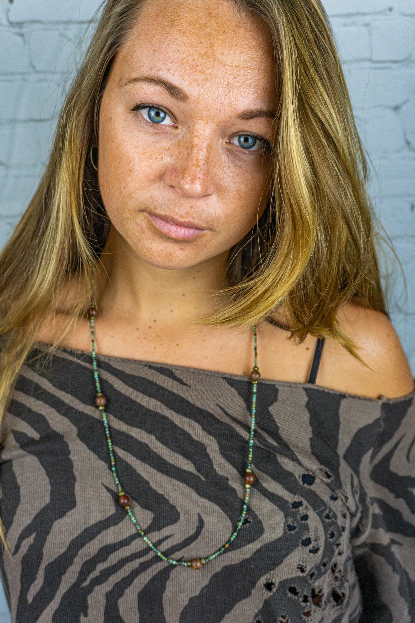 womens long green african turquoise gemstone with wooden beads necklace -wander jewellery