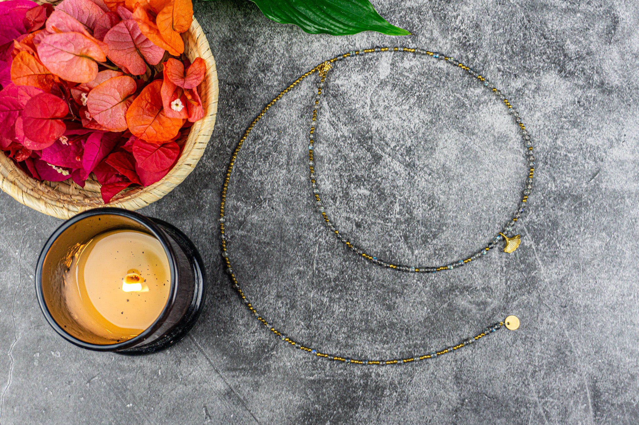Labradorite gemstone back necklace with golden Ginkgo leaf charm and hematite beads – Wander Jewellery