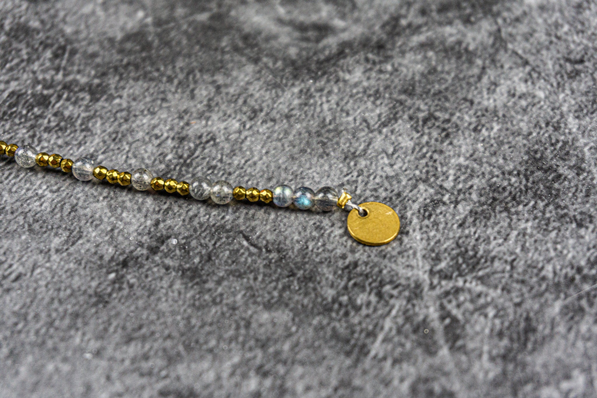 Labradorite and hematite back necklace with golden coin charm- Wander Jewellery