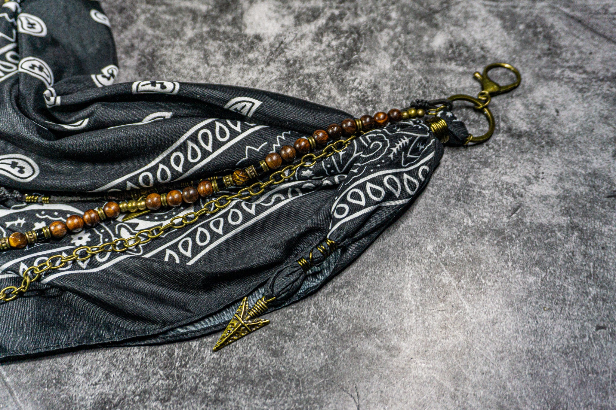 black bandana with leather wood and chain layered pants keychain- wander jewellery