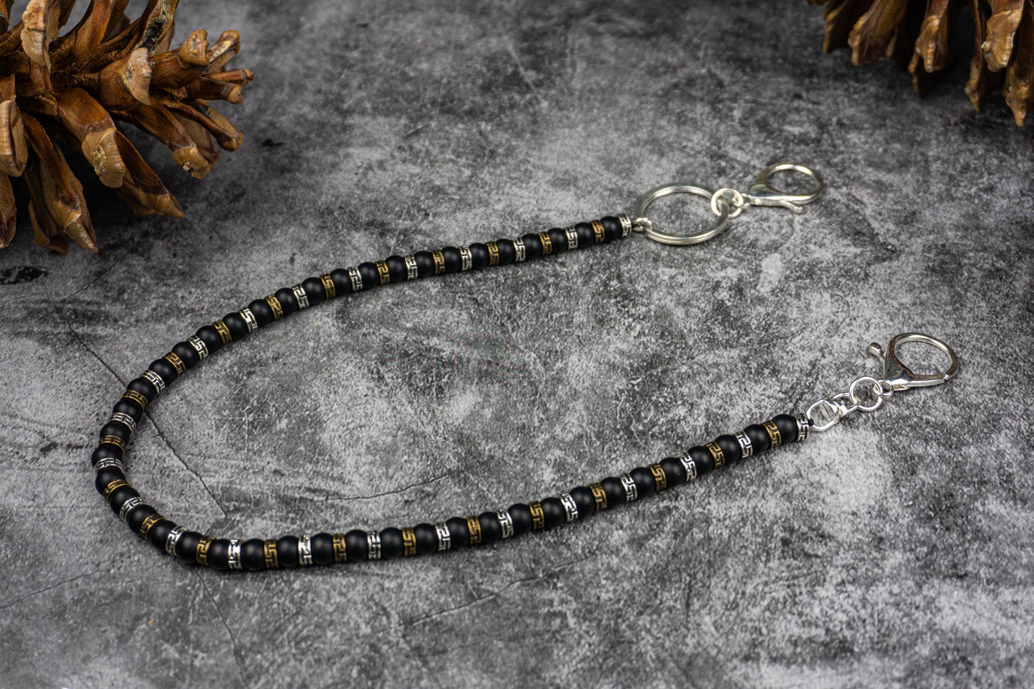 black beaded wallet chain with bronze and silver spacer beads- wander jewellery