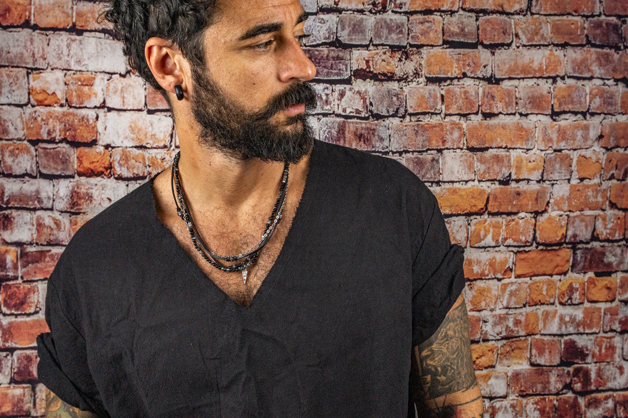 mens black leather and gemstone layered chain necklace - wander jewellery