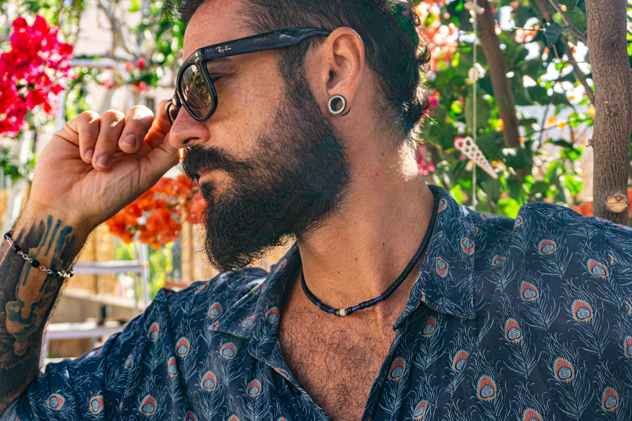 mens coconut shell heishi bead choker with lapis lazuli and seashell- wander jewellery