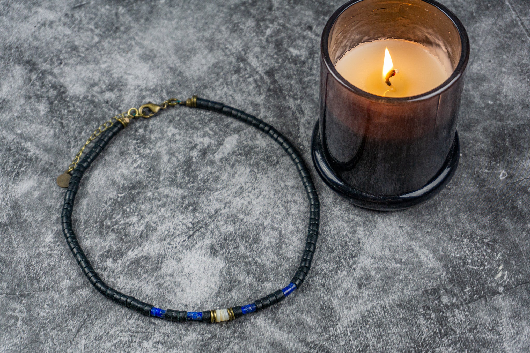 coconut heishi bead necklace with lapis lazuli and seashell- wander jewellery
