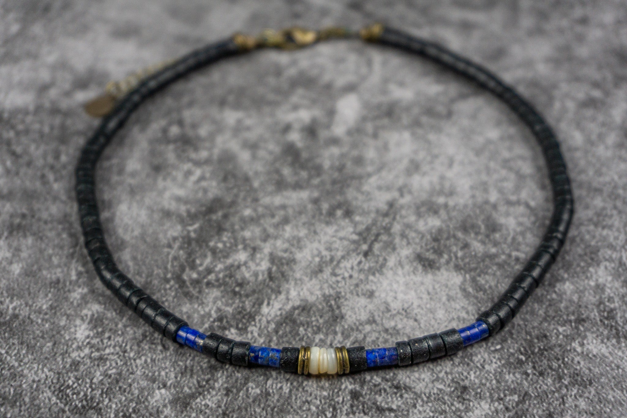mens black coconut shell heishi bead choker with gemstone and seashell- wander jewellery