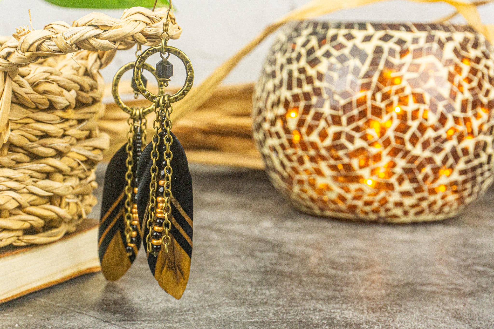 black and gold boho feather earring with chain beads and gemstones- wander jewellery
