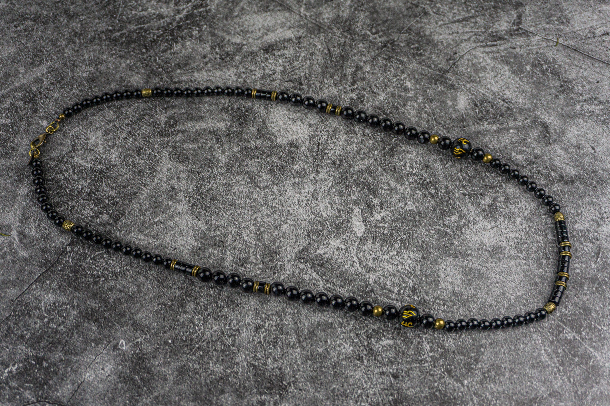 black onyx and antique gold long elegant tibetan necklace- wander jewellery