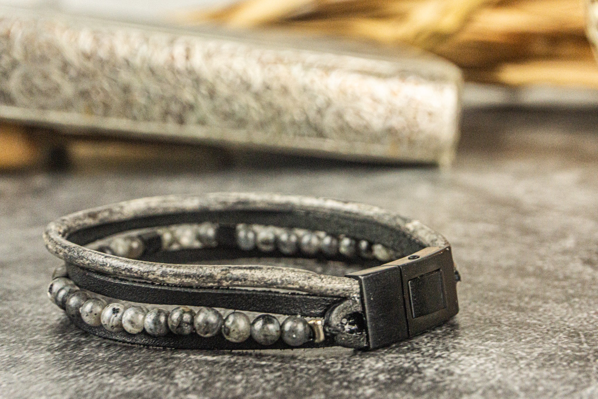 black and greay genuine vintage leather layered bracelet with labradorite gemstones and black stainless steel closure - wander jewellery