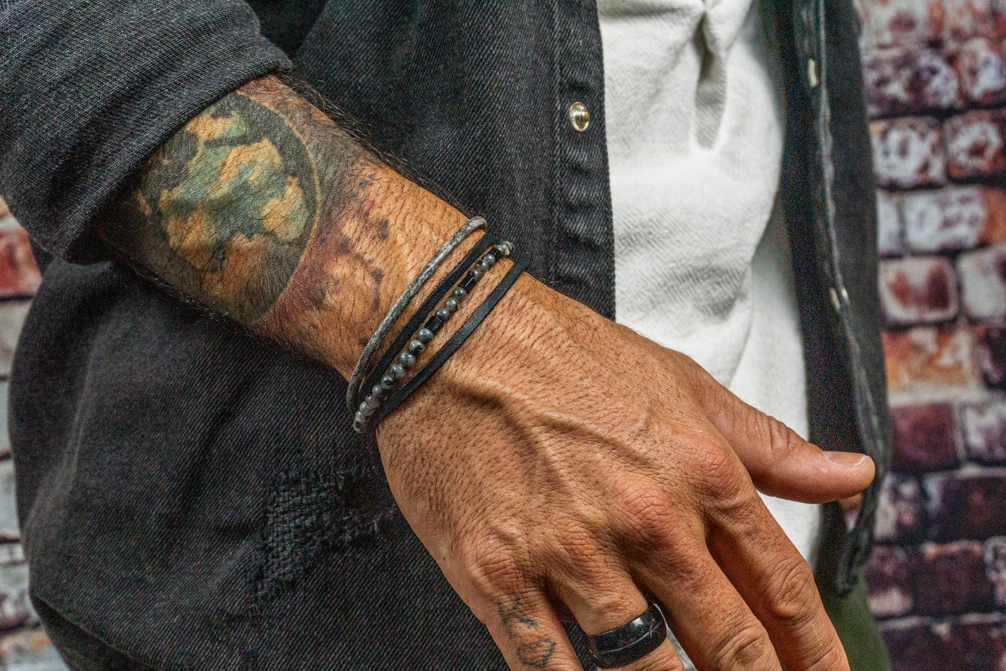 mens black and greay genuine vintage leather layered bracelet with labradorite gemstones and stainless steel closure - wander jewellery